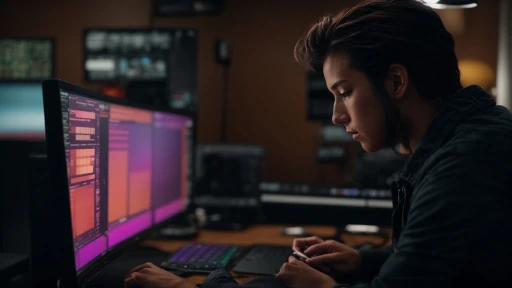 a filmmaker adjusting the color grading on a computer screen, showcasing a vibrant scene from their movie.