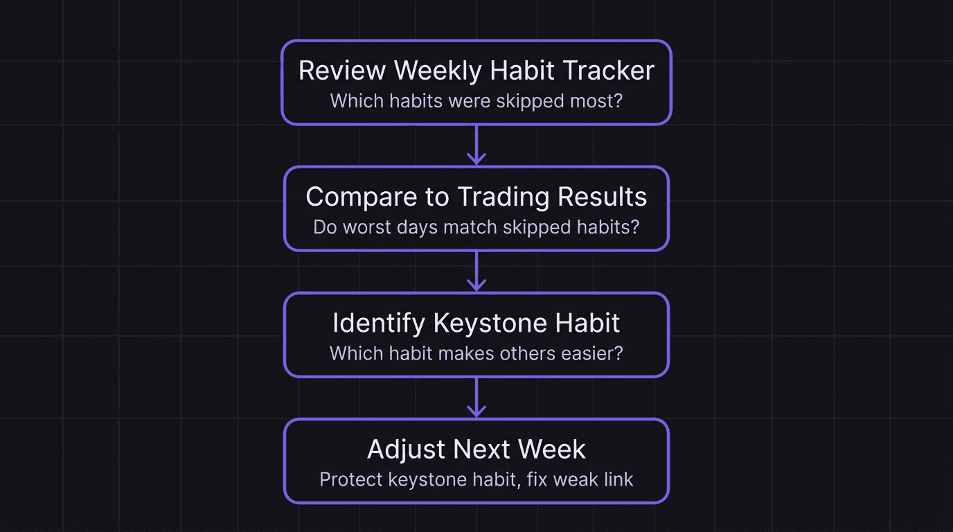 Flowchart showing the weekly review process for a trading habit tracker: review habits, compare to results, identify keystone habit, adjust next week