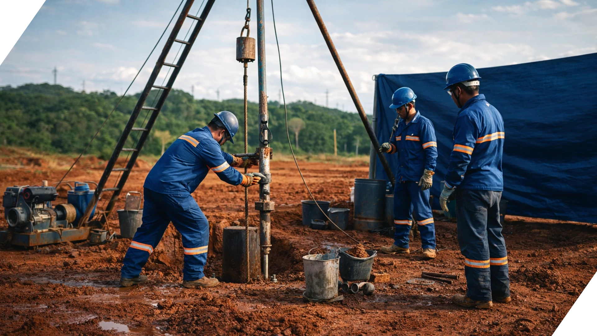 Sondagem geotécnica tipo SPT em campo, com equipe técnica realizando investigação do solo para definição de fundações.