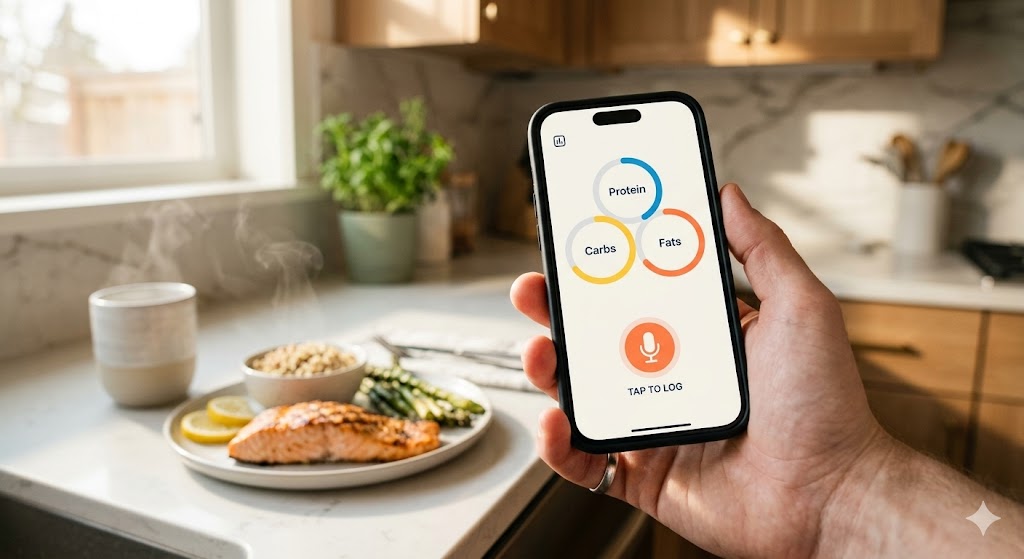A close-up view of a hand in a sunlit kitchen holding a smartphone that displays a macronutrient tracking app with rings for protein, carbs, and fats, and a voice logging microphone icon. A seafood meal is visible but blurred in the background.