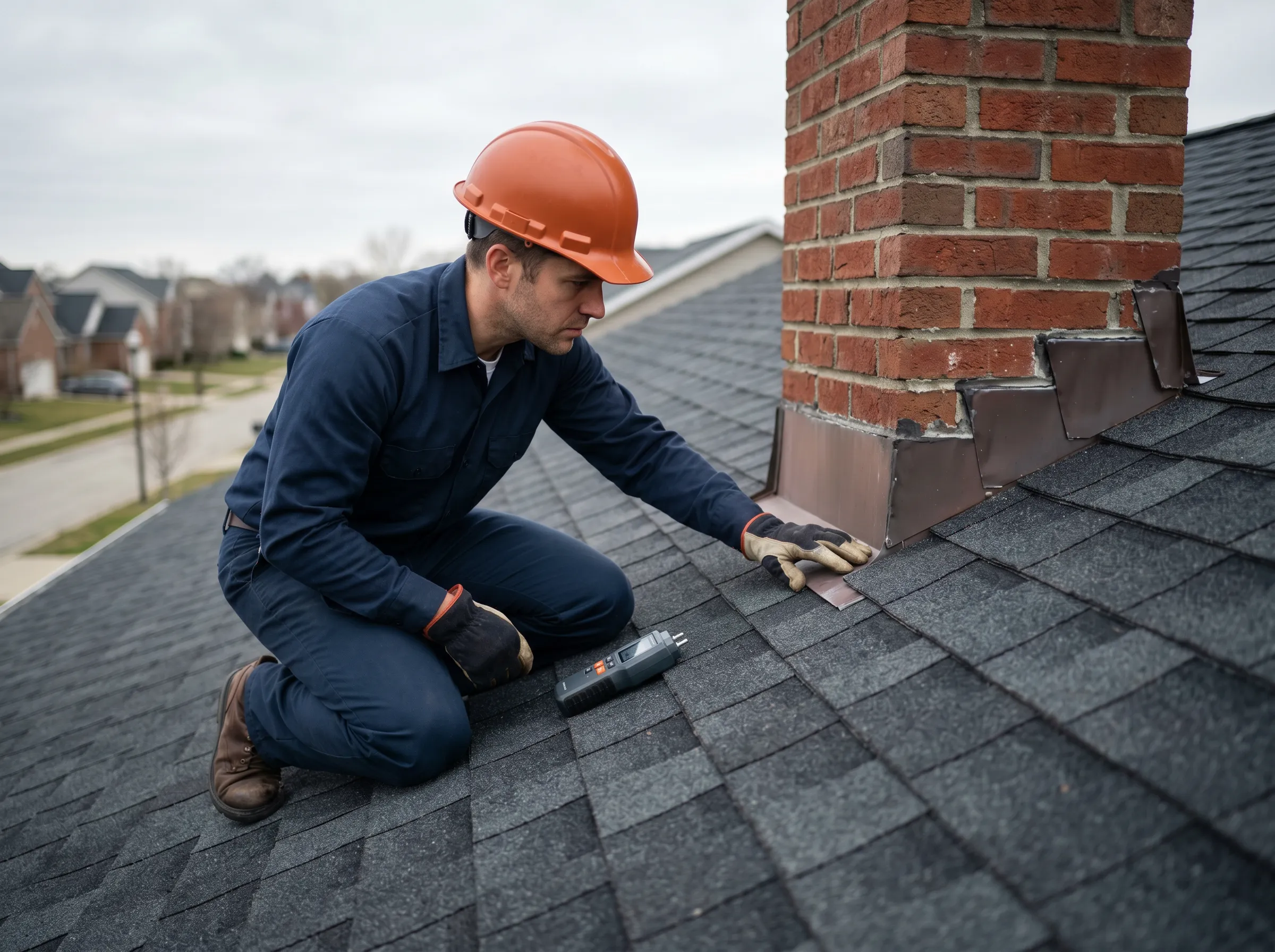 Roofer inspecting and repairing asphalt shingles near a brick chimney on a residential roof.