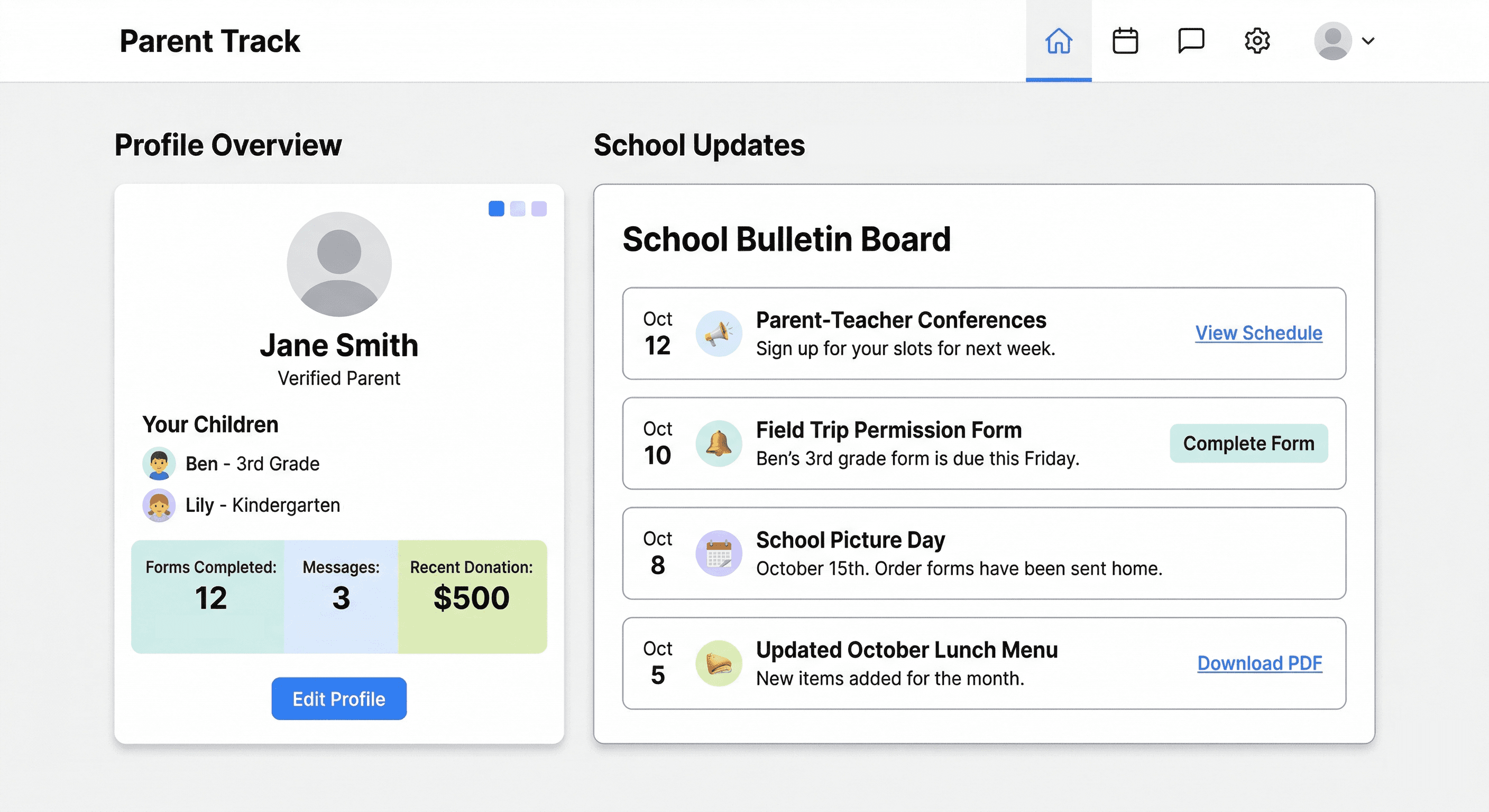 Photo of parents volunteering at a donation drive at school and using Parent Track to receive event notifications and updates