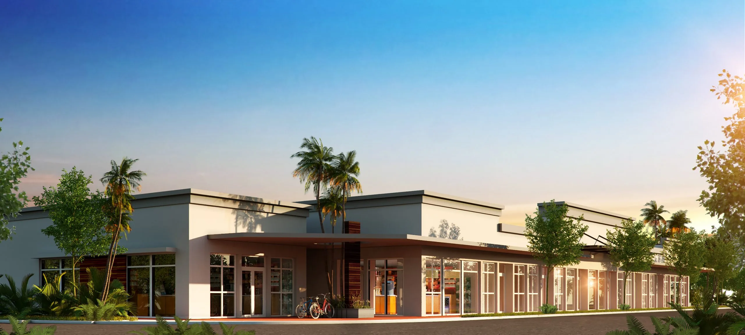 Retail strip center render with storefront glazing and wood accents, SW 27th Street Fort Lauderdale