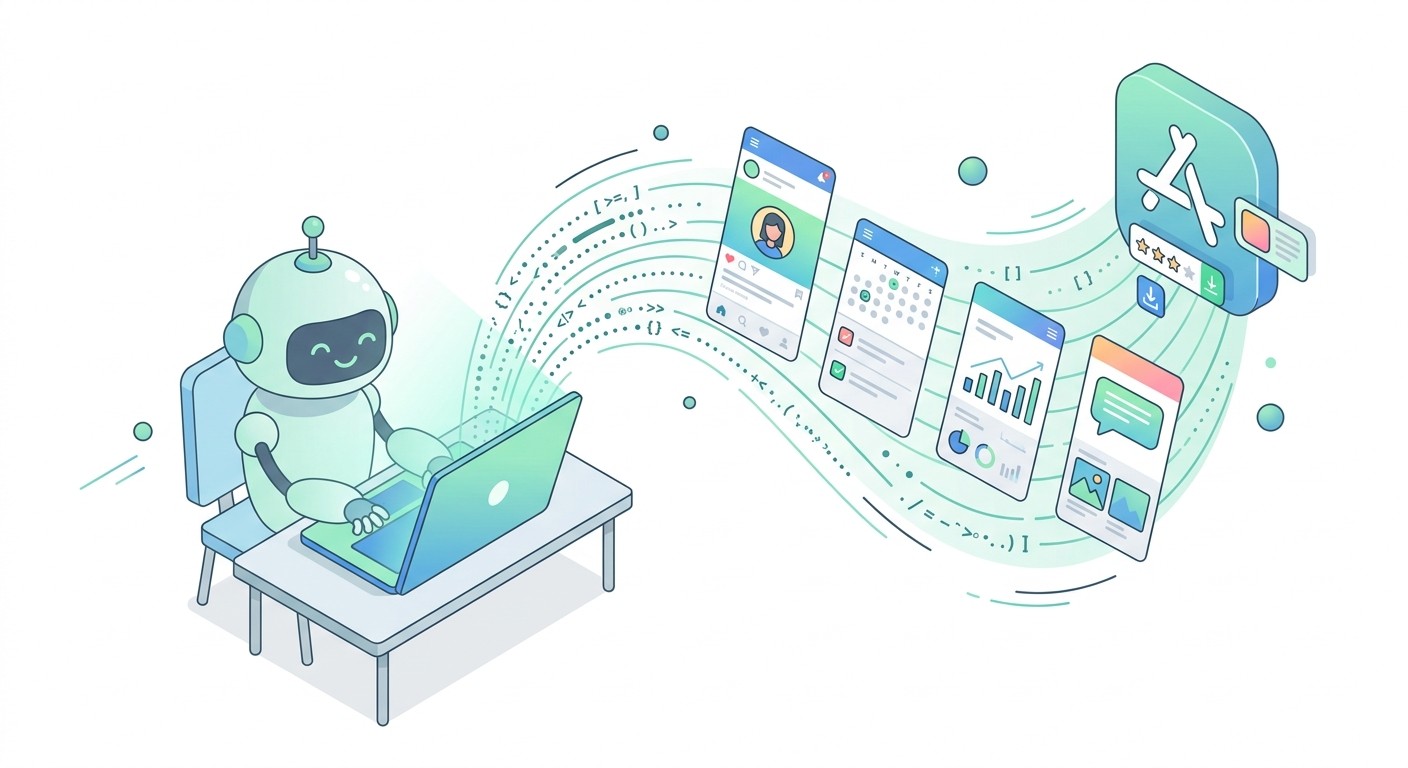 AI agent writing code that turns into mobile app screens and ships to the app store