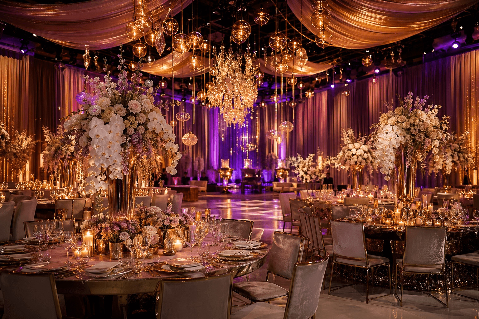 香港私人派對策劃，奢華宴會廳佈置配精緻花藝與紫色燈效，適合生日派對、入伙派對及商務VIP聚會統籌。
