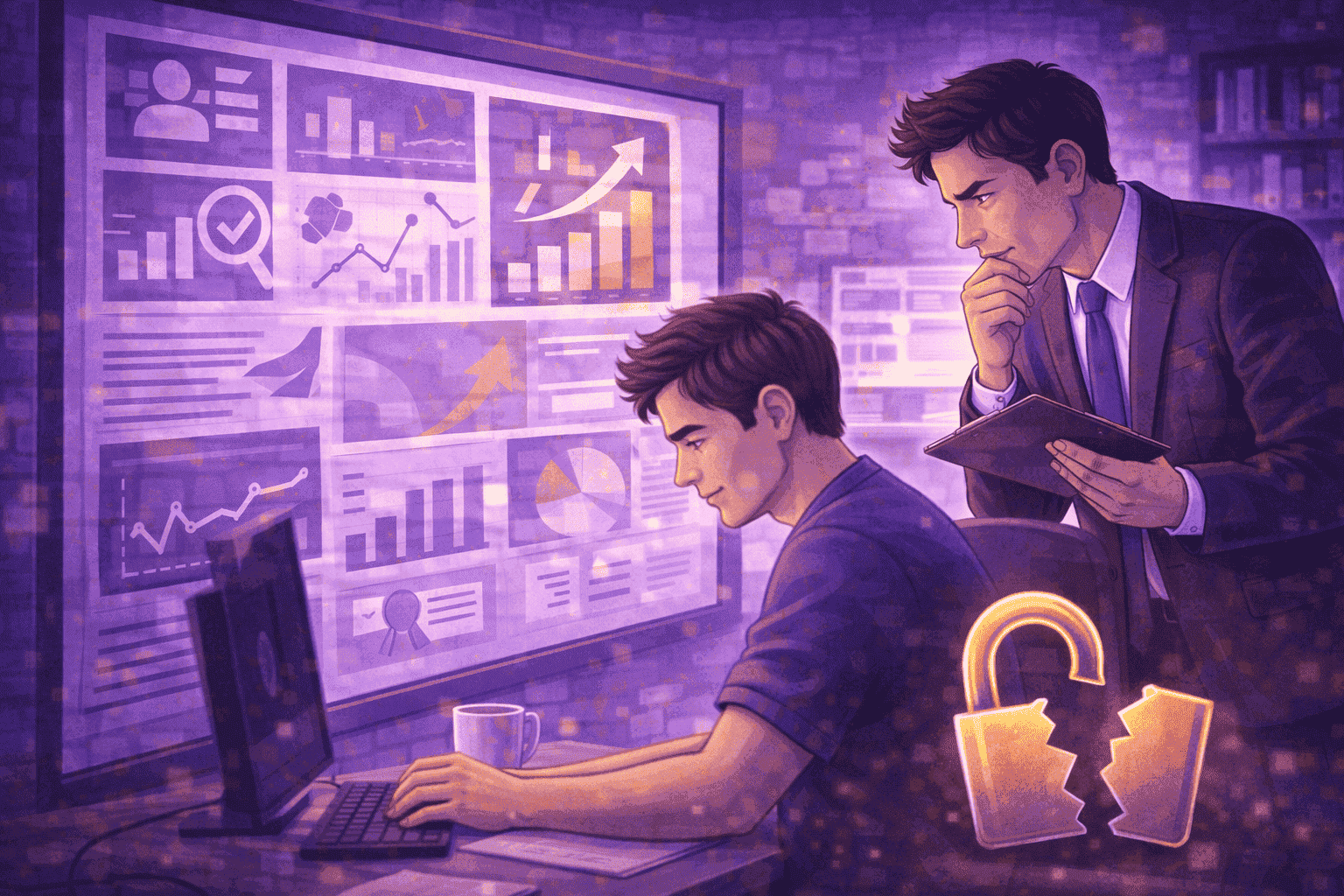 Focused manager analyzing productivity dashboards behind an employee working at a computer, with a glowing broken padlock symbol representing loss of trust.