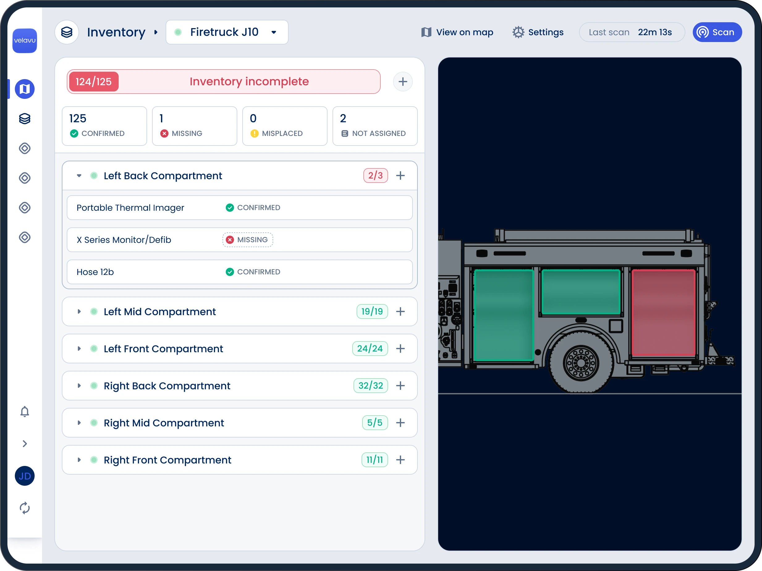 User interface showing inventory of various compartments within a firestruck