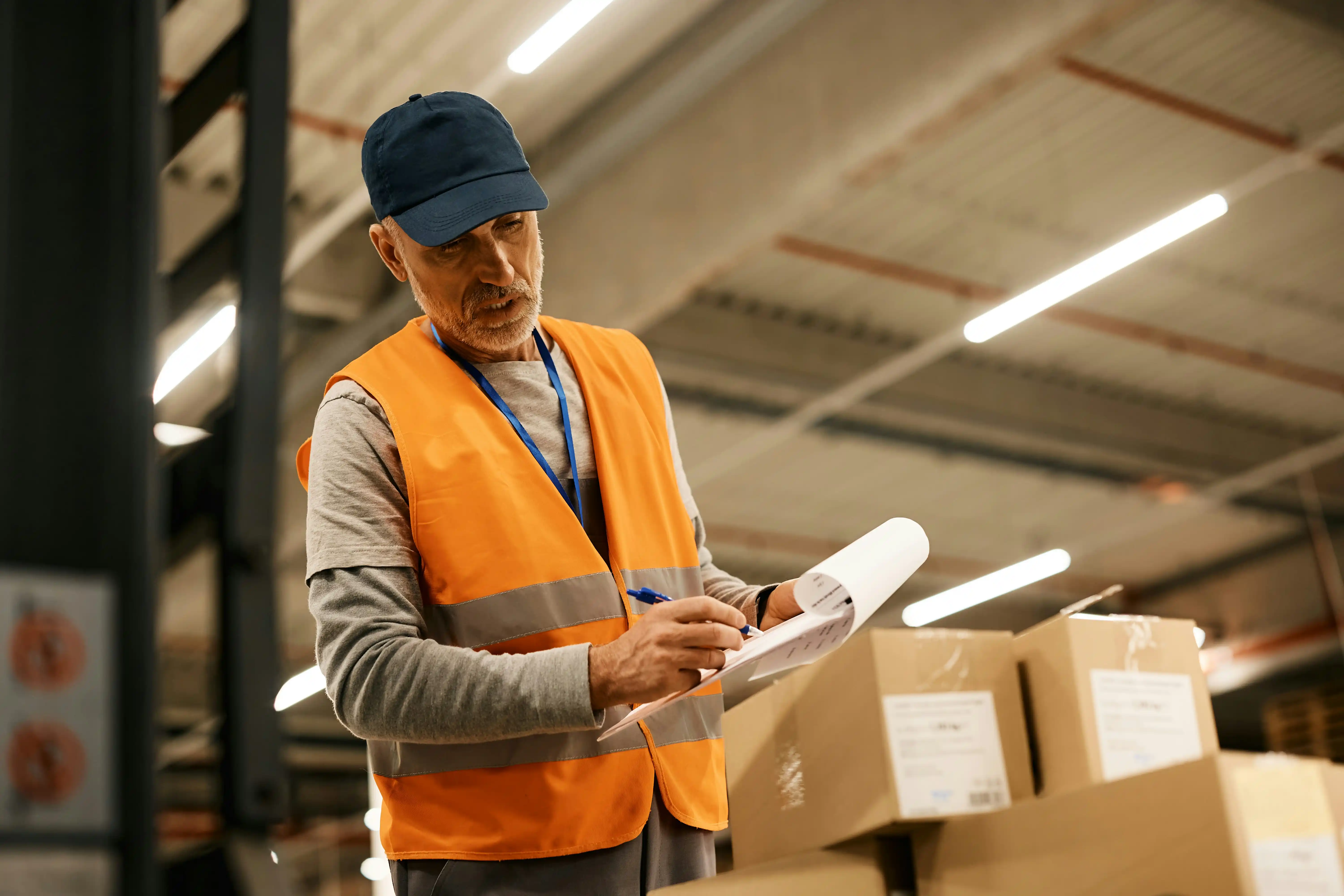 man in orange high-vis jacket and a cap looks at a stack of carboard boxes while holding a clipboard in his hands
