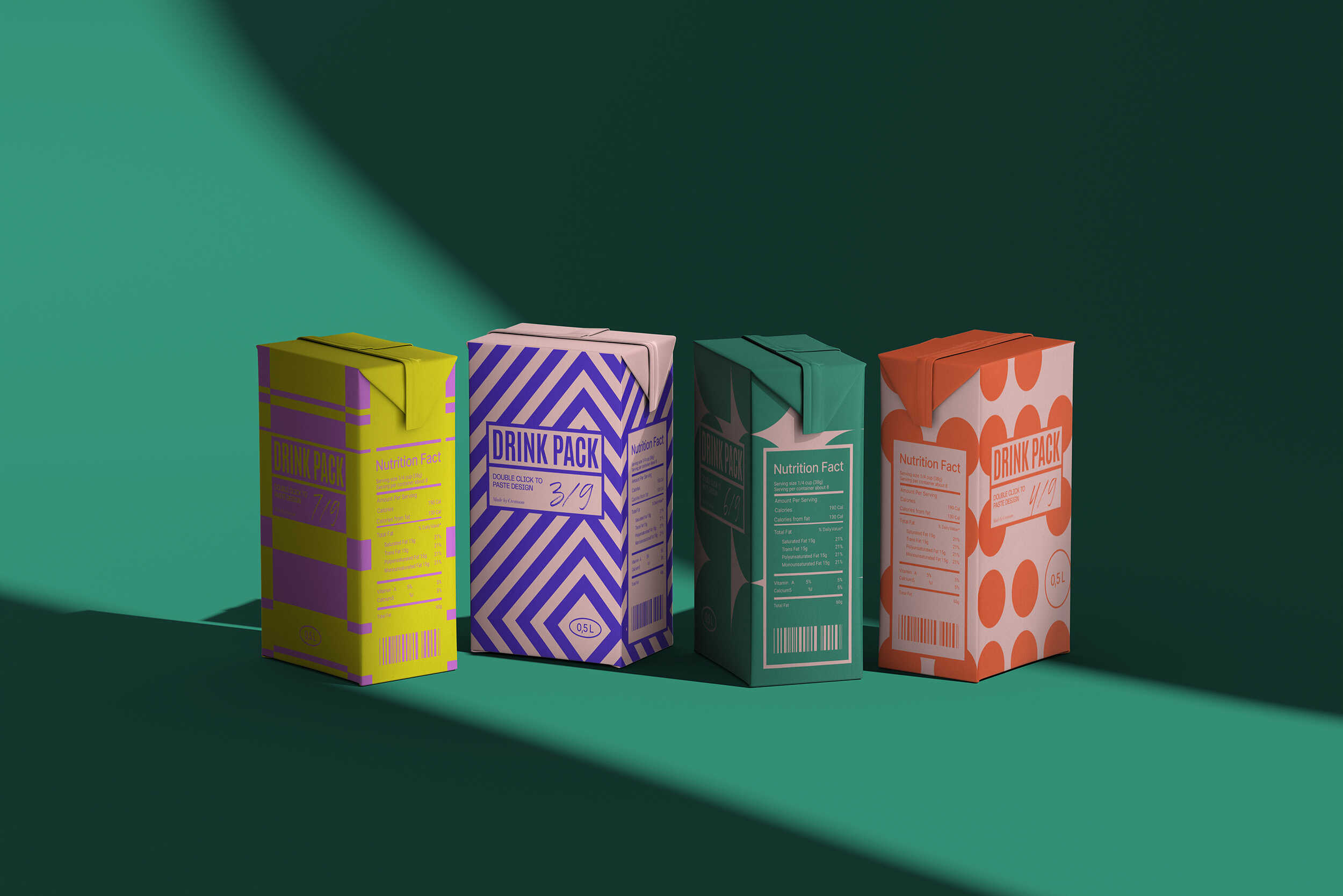 Four drink cartons in assorted colors and patterns on green background