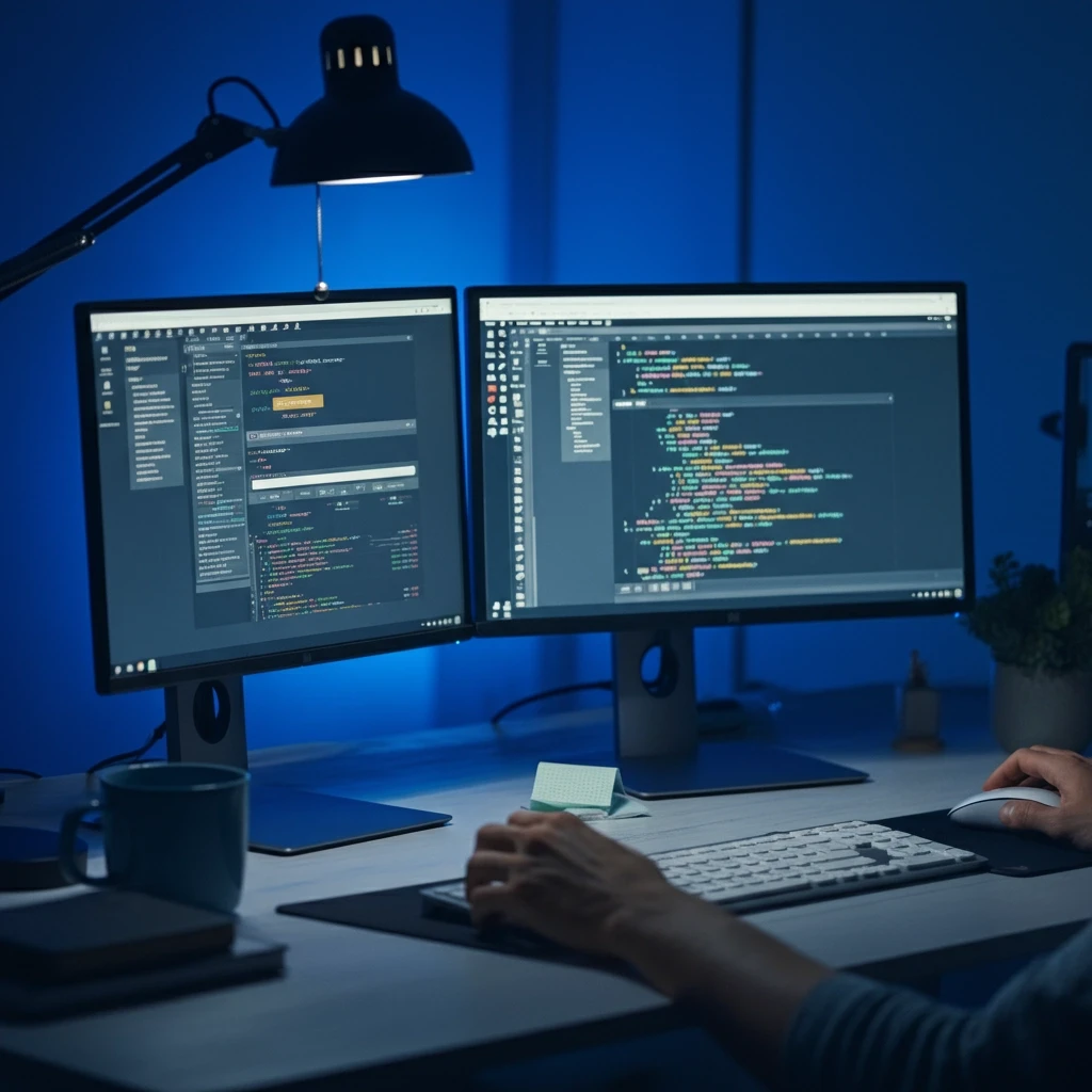 A high-resolution photograph of a professional web developer's actual workspace at night. Show a real dual-monitor setup with genuine code on one screen and a modern website interface being developed on the other. Include realistic details like a coffee mug, subtle desk lighting, and authentic development tools. The lighting should feature subtle blue tones from the monitor glow against the dark room, creating a moody tech atmosphere. Capture realistic textures like the keyboard keys, desk surface, and precise details of the monitors. Ensure the image has photographic qualities including proper depth of field, realistic shadows, and authentic light reflections on surfaces. No cartoon elements, 3D renderings, or obvious digital art techniques.