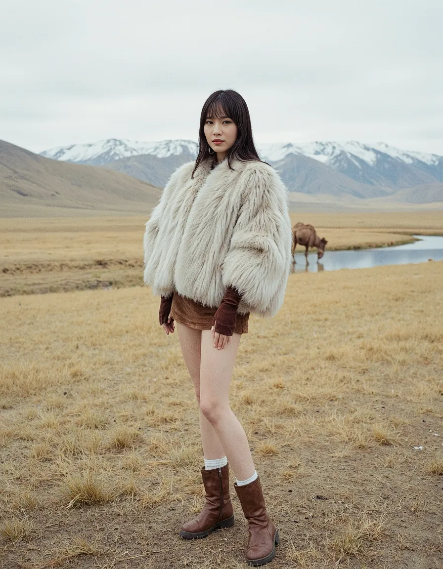 Fashion editorial featuring cream faux fur coat against mountainous landscape with snow peaks and golden plains with a camel in background.
