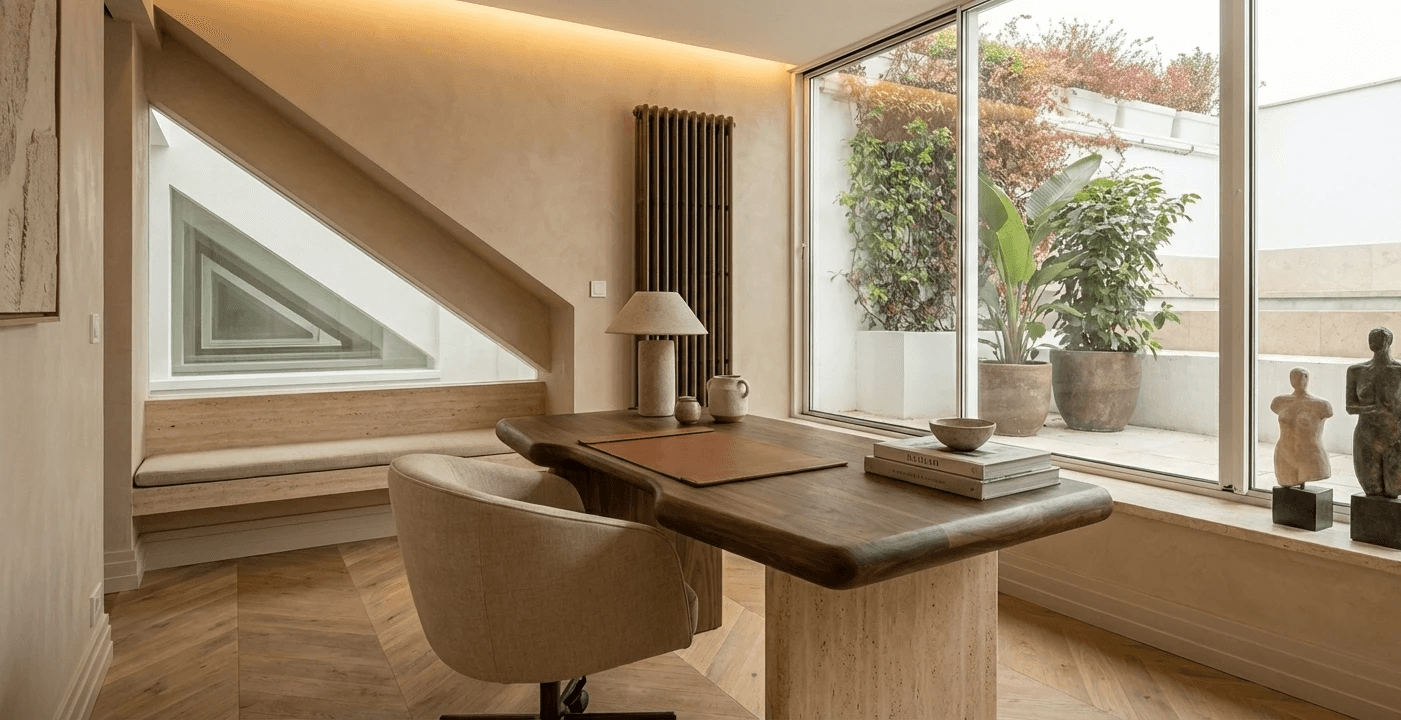 Proyecto Arrando 19 de Calienzo, interiorismo en Almagro con piedra natural, madera cálida y luz suave.