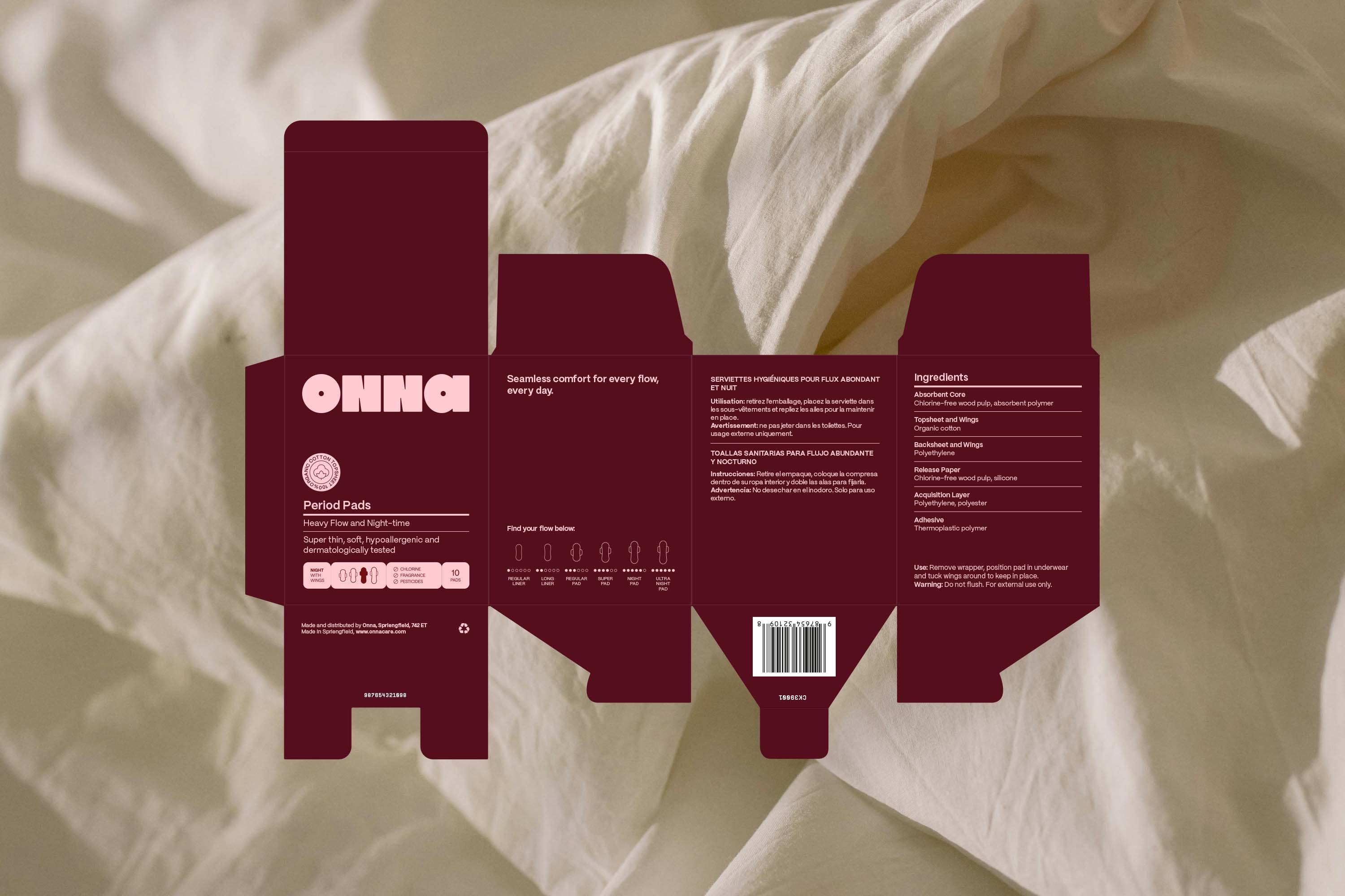 Flat lay of burgundy packaging dieline showing product information and branding