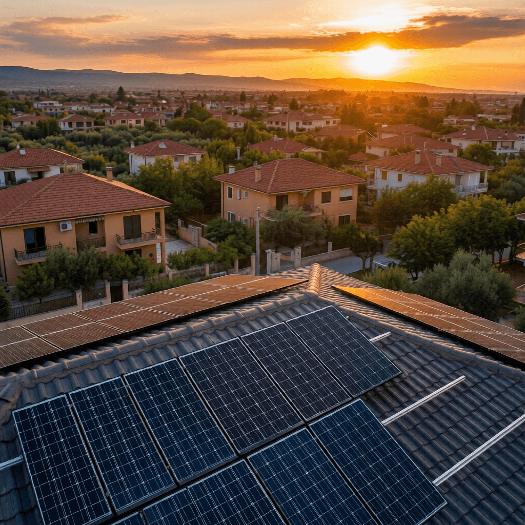 Aerial view of ground-mounted photovoltaic solar park installed across agricultural landscape