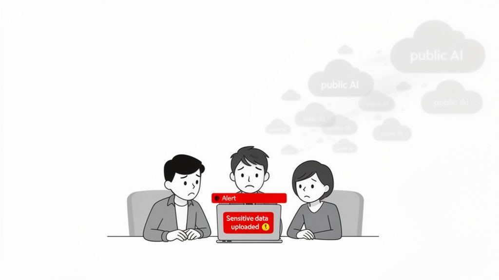 Three people look concerned at a laptop displaying an alert: 'Sensitive data uploaded!', with 'public AI' clouds nearby.