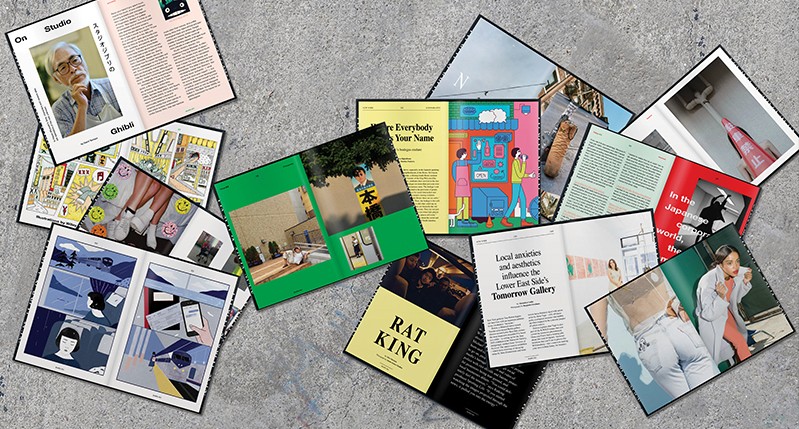 A poster showing different magazines being opened on a concrete floor.