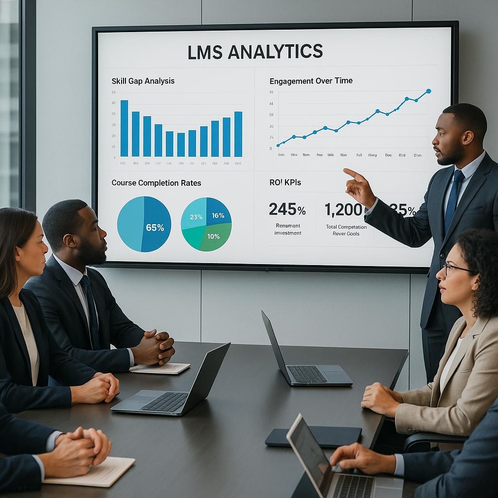 A professional, modern boardroom setting with a diverse team of L&D or business leaders. A few individuals, appearing focused and engaged, are gathered around a large interactive screen prominently displaying sophisticated LMS analytics. The screen shows various data visualizations, including bar charts for skill gap analysis, line graphs illustrating engagement trends over time, and pie charts detailing course completion rates, alongside clear Key Performance Indicators (KPIs) for ROI. One team member gestures towards a specific insight on the screen, indicating a discussion or decision being made based on the presented data. The overall atmosphere conveys insight, strategic thinking, and progress. The style is corporate, tech-forward, and clean, with professional attire and a well-lit environment, emphasizing clarity in data presentation.