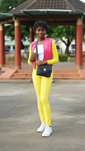 Étudiante de l'ICEA Martinique en tenue colorée sur le campus, illustrant la diversité et l'épanouissement au sein de cette école supérieure d'excellence