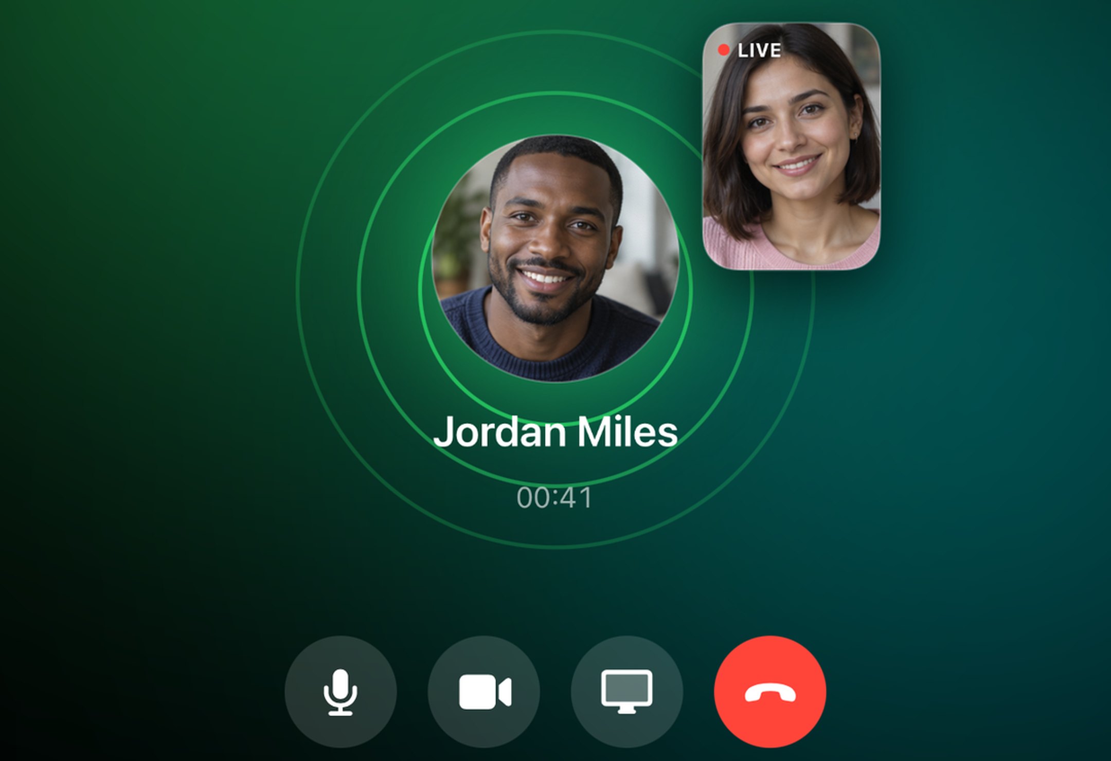 SRG+ video call started from a chat, with mute, camera, screen share and end call buttons