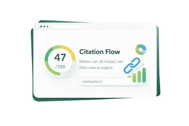 Minimalistic SEO dashboard illustration showing a Citation Flow score of 47/100 with a circular gauge, link icon, bar chart, and ranking indicators inside a white card with green border.