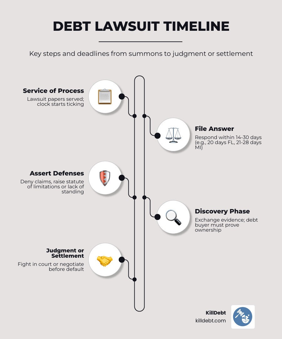 Debt lawsuit timeline from summons to judgment or settlement, with key steps and deadlines - responding to credit card