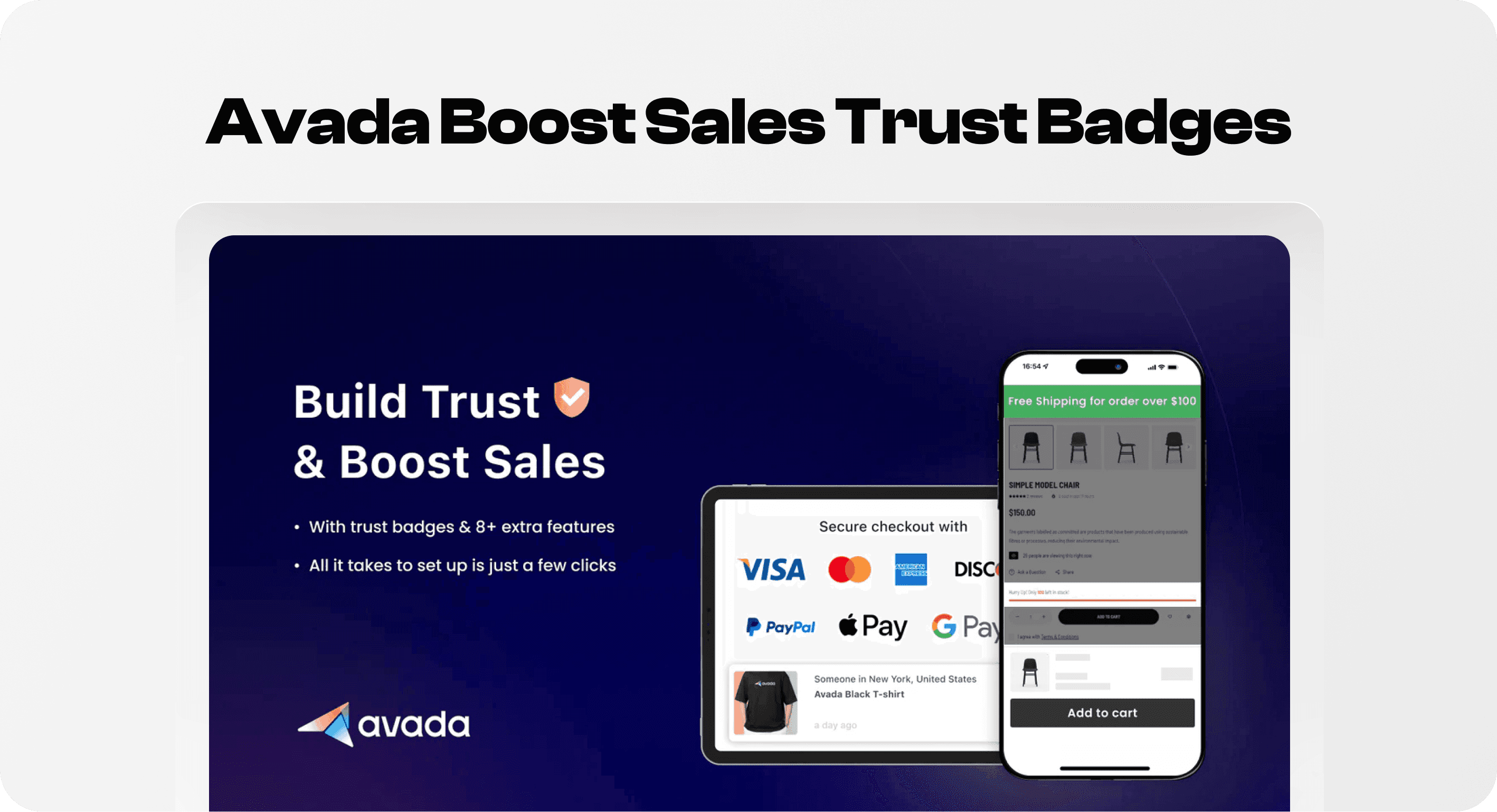 Avada Boost Sales Trust Badges showing payment icons, a free shipping bar, and social proof on Shopify