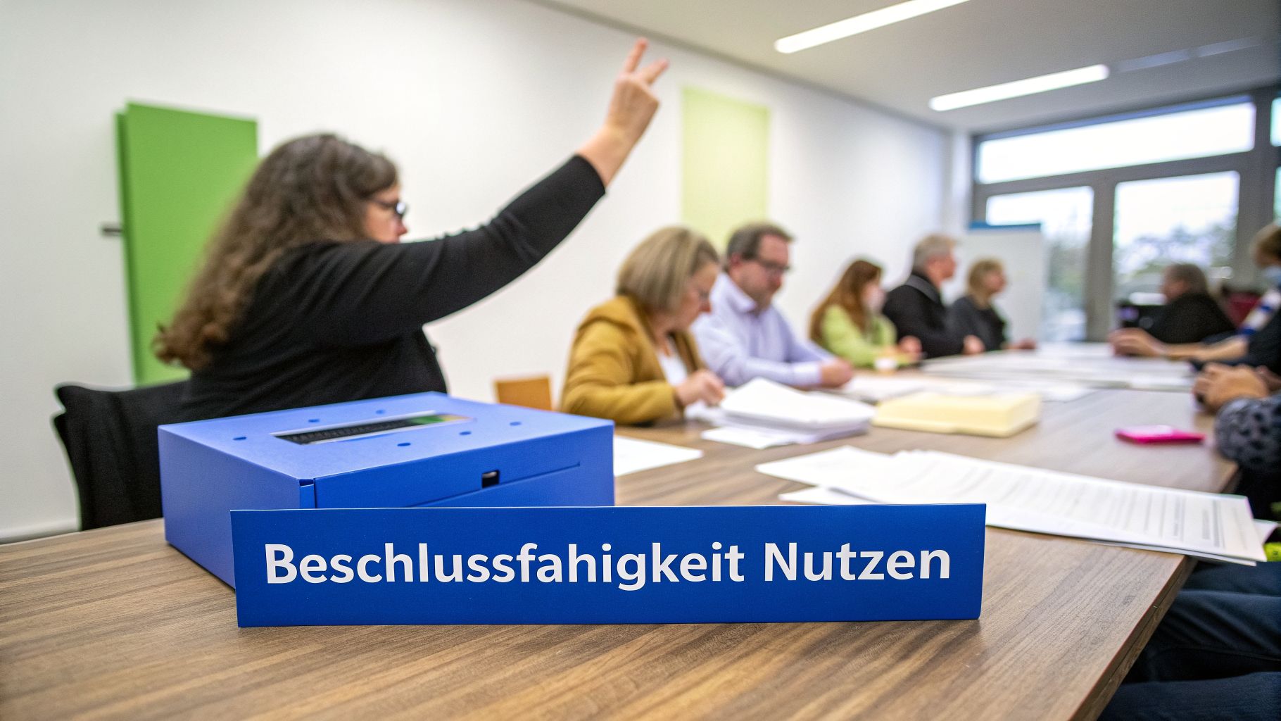 In einem Besprechungsraum hebt eine Person die Hand. Ein Schild auf dem Tisch lautet „Beschlussfähigkeit Nutzen“.