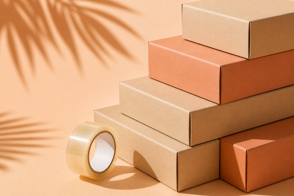 Kraft shipping cartons stacked with packing tape, styled in warm directional light