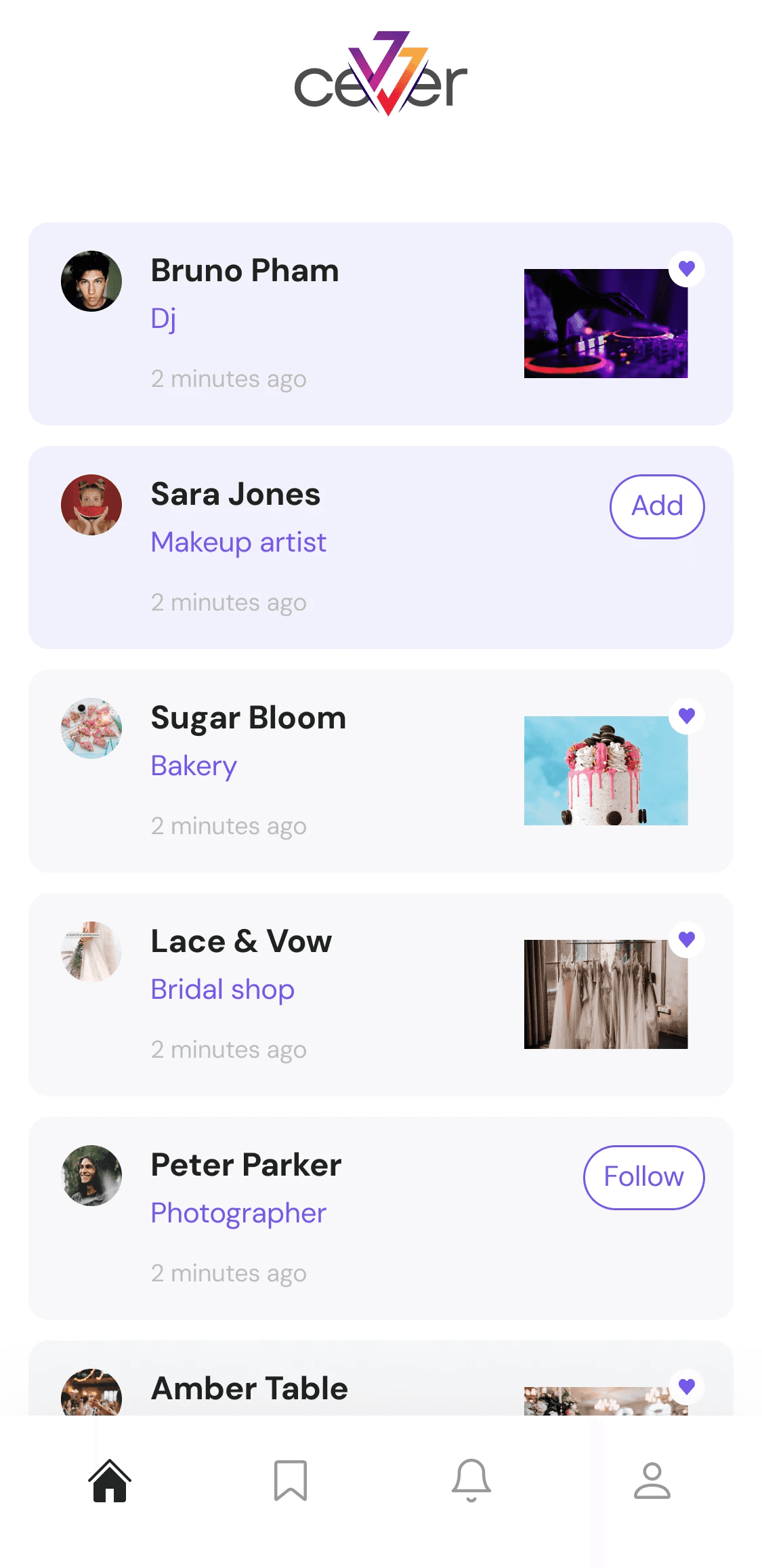 app interface for finding organizers; list of selected vendors.