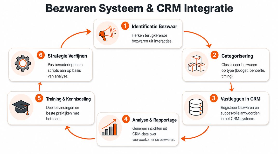Een overzichtelijk circulair procesdiagram voor het integreren van bezwarenbeheer binnen een CRM-systeem voor betere verkoopstrategieën.