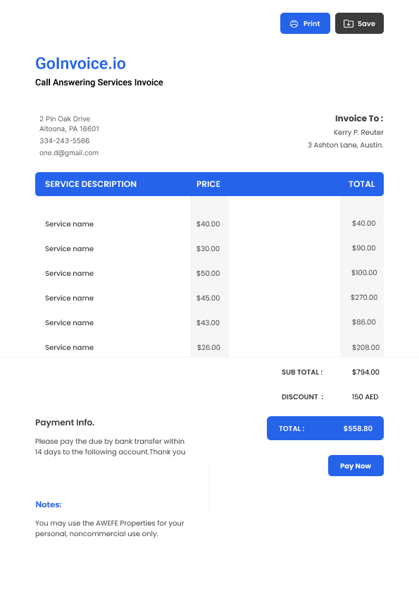 Call Answering Services Invoice 