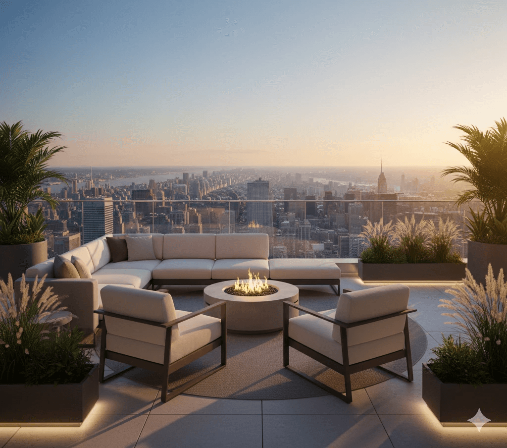 Luxurious sky-view terrace balcony at Sector 111 Gurugram project, overlooking the city skyline