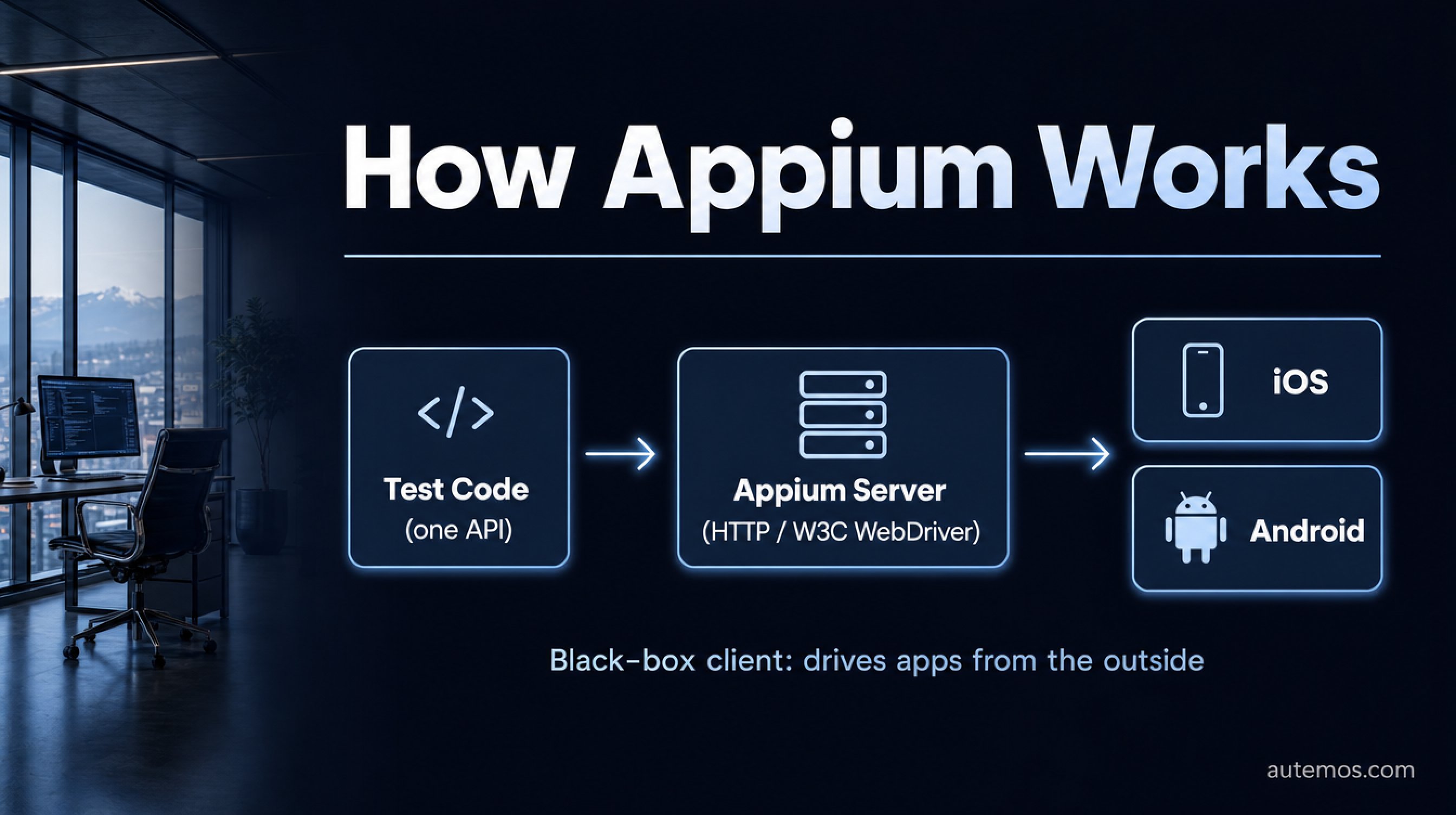 Diagram: How Appium works – test code with one API drives iOS and Android through the Appium server (HTTP/W3C WebDriver) as a black-box client.