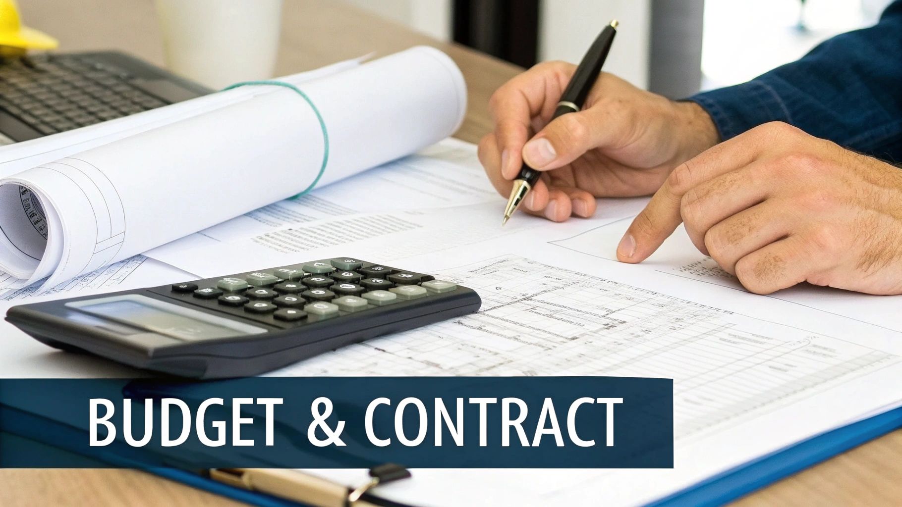 A person works on budget and contract papers with a calculator, pen, and blueprints.
