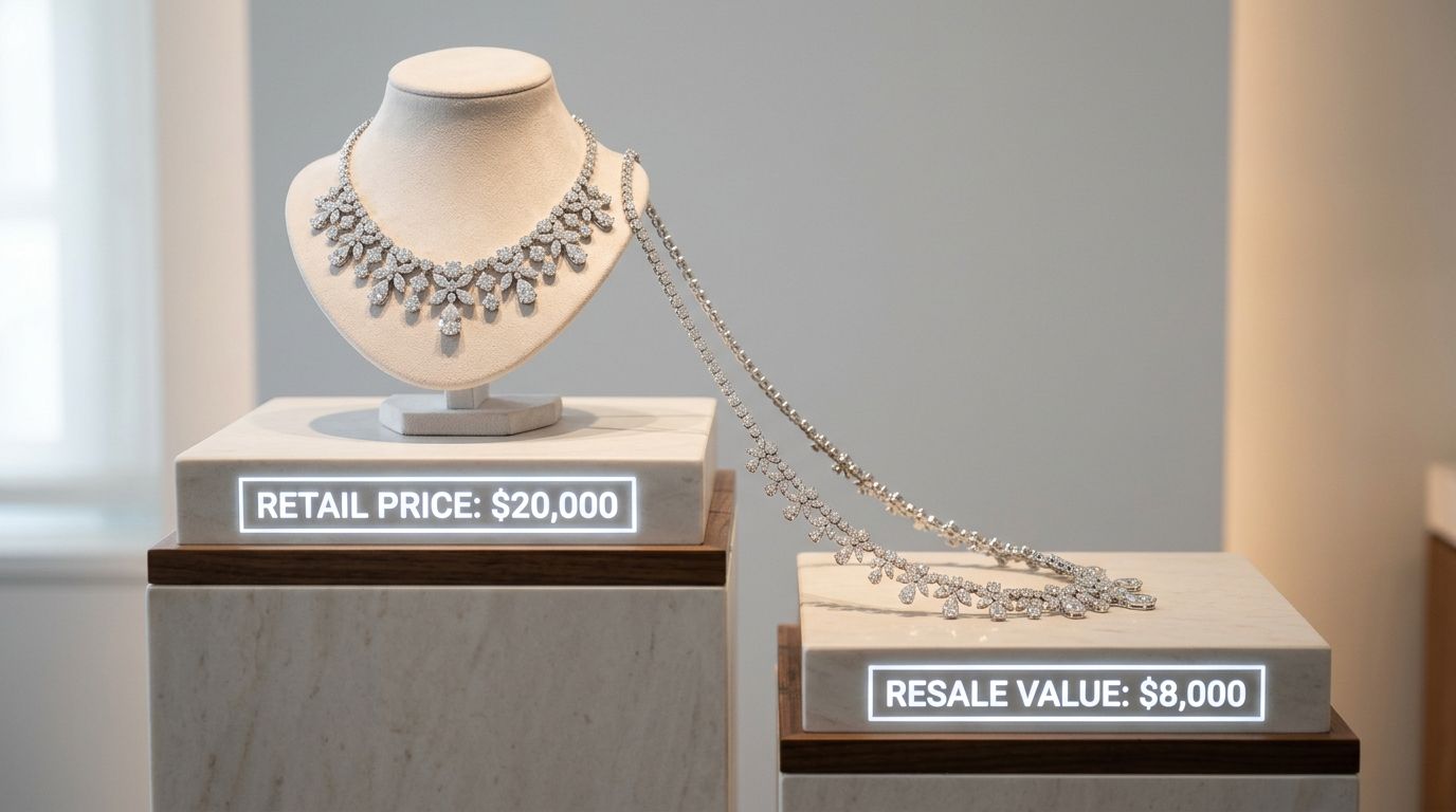 A luxurious diamond necklace displayed on a mannequin with its retail price and resale value displayed.