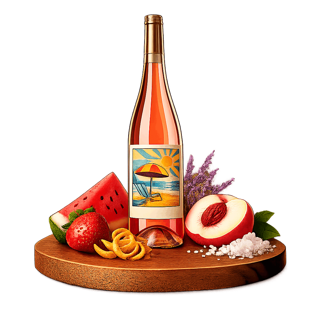 Artistic label and flavor profile for Provence Rosé on a rustic wooden table.