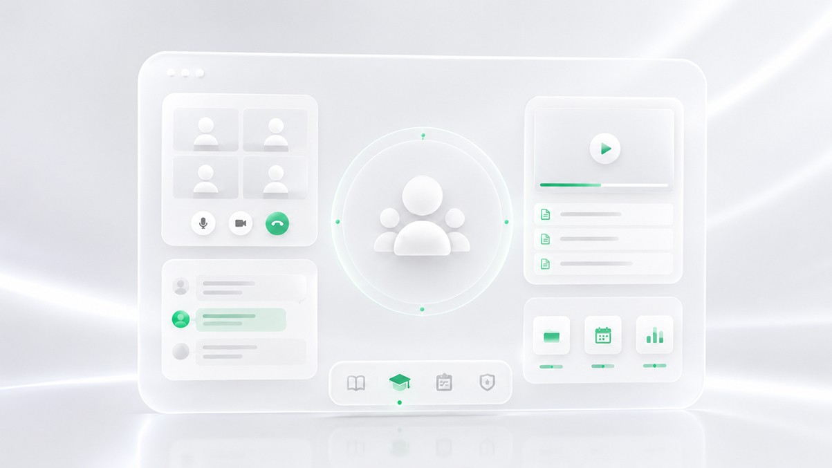 Virtual classroom system with live video, learning content, student management, scheduling, and analytics tools.