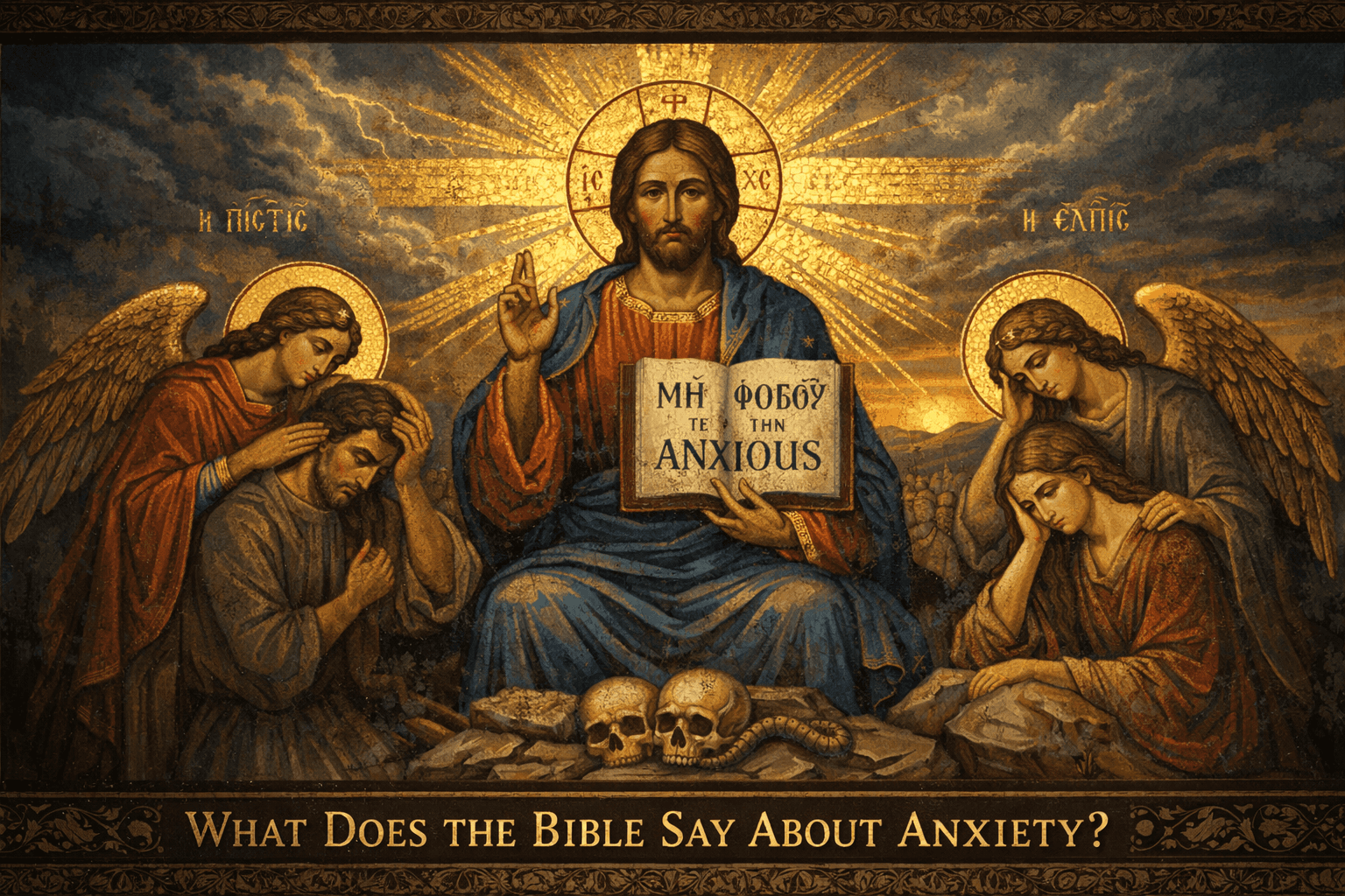 What does the Bible say about anxiety Byzantine Christian image of Jesus holding Scripture while angels comfort distressed people, symbolising biblical peace, fear, worry and trust in God.