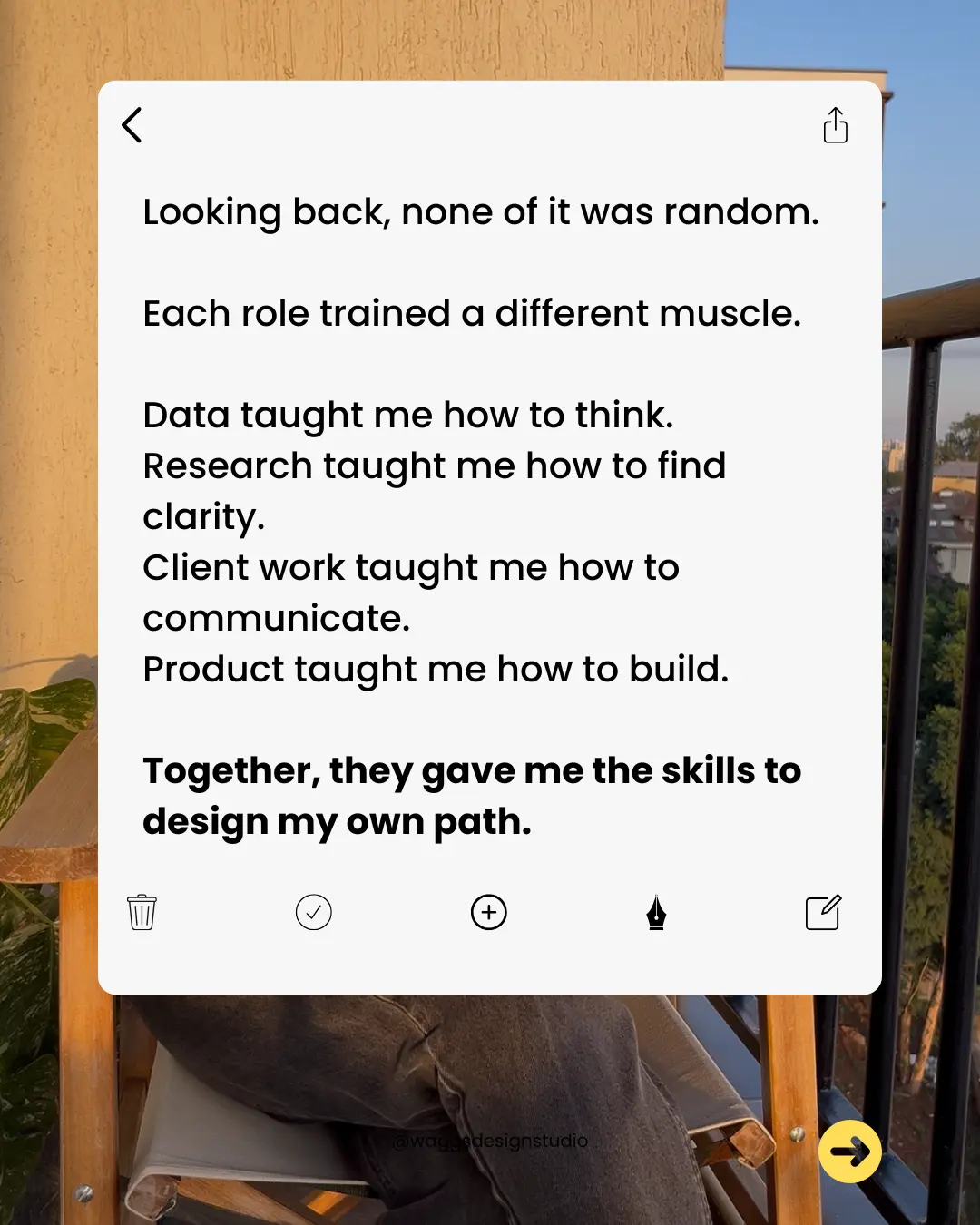 The image shows a text overlay on a background of a scenic view from a balcony, with trees and buildings visible, featuring motivational text about learning various professional skills that contribute to personal and career development.