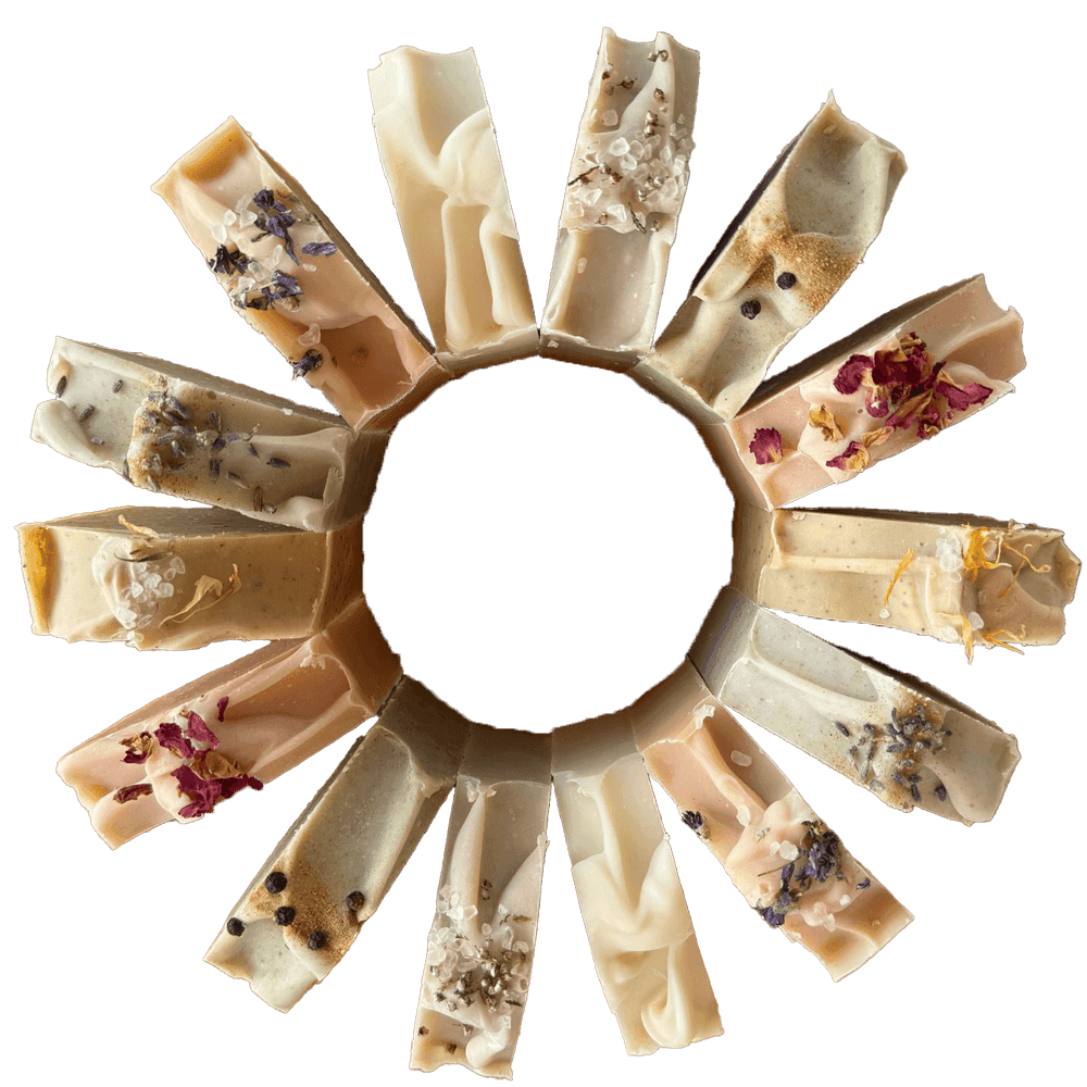 Zwölf handgeschnittene Naturseifen von Kalous im Kreis arrangiert – jede Seife mit individuellen Blüten oder Kräutern verziert.