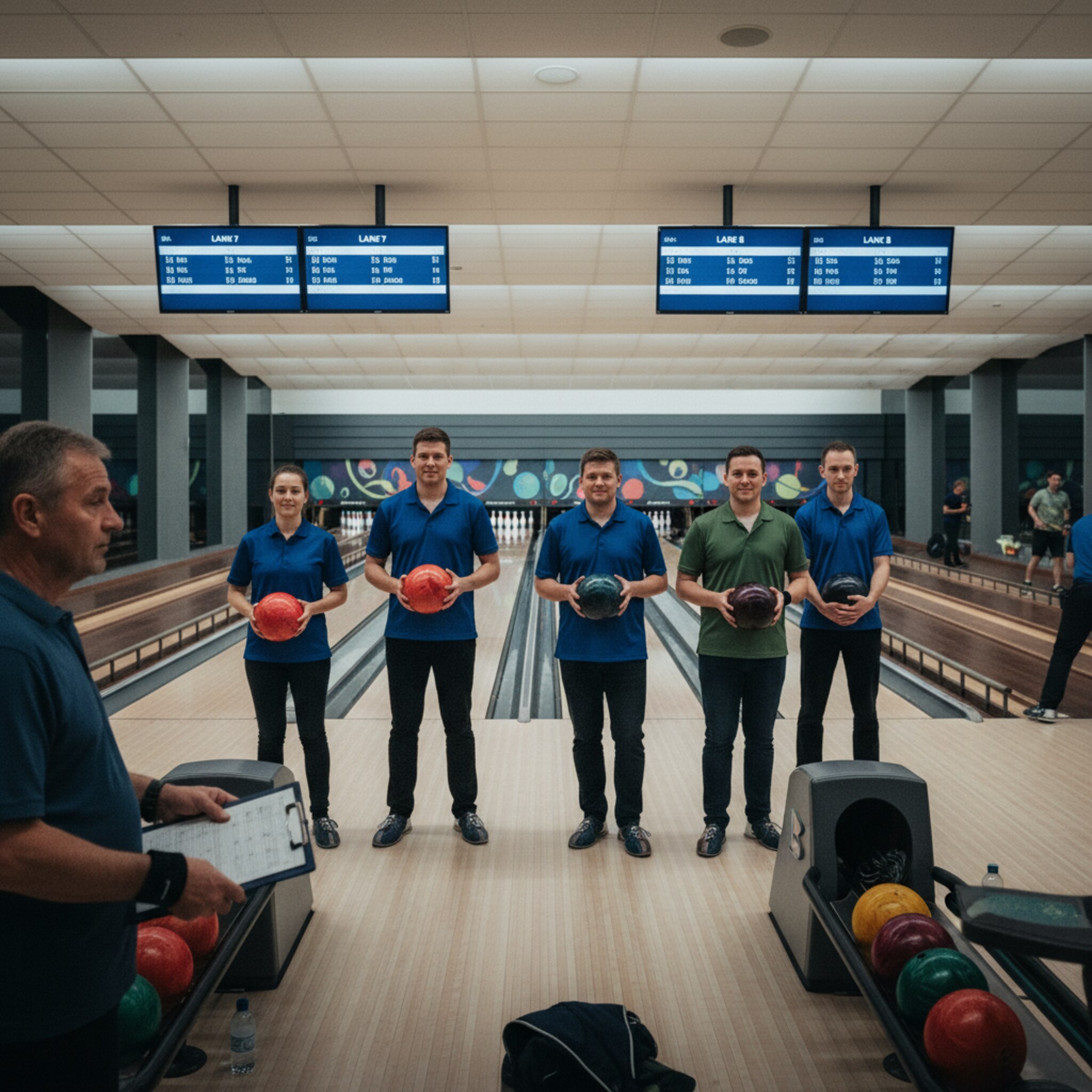 Ligaabend mit Trikots und konzentrierten Blicken. Teams stehen hinter den markierten Linien, Kugeln glänzen. Ein Betreuer hält eine Klemmbrettliste mit Paarungen, die Bahnen sind fest zugewiesen. Die Atmosphäre ist fokussiert, aber freundlich.