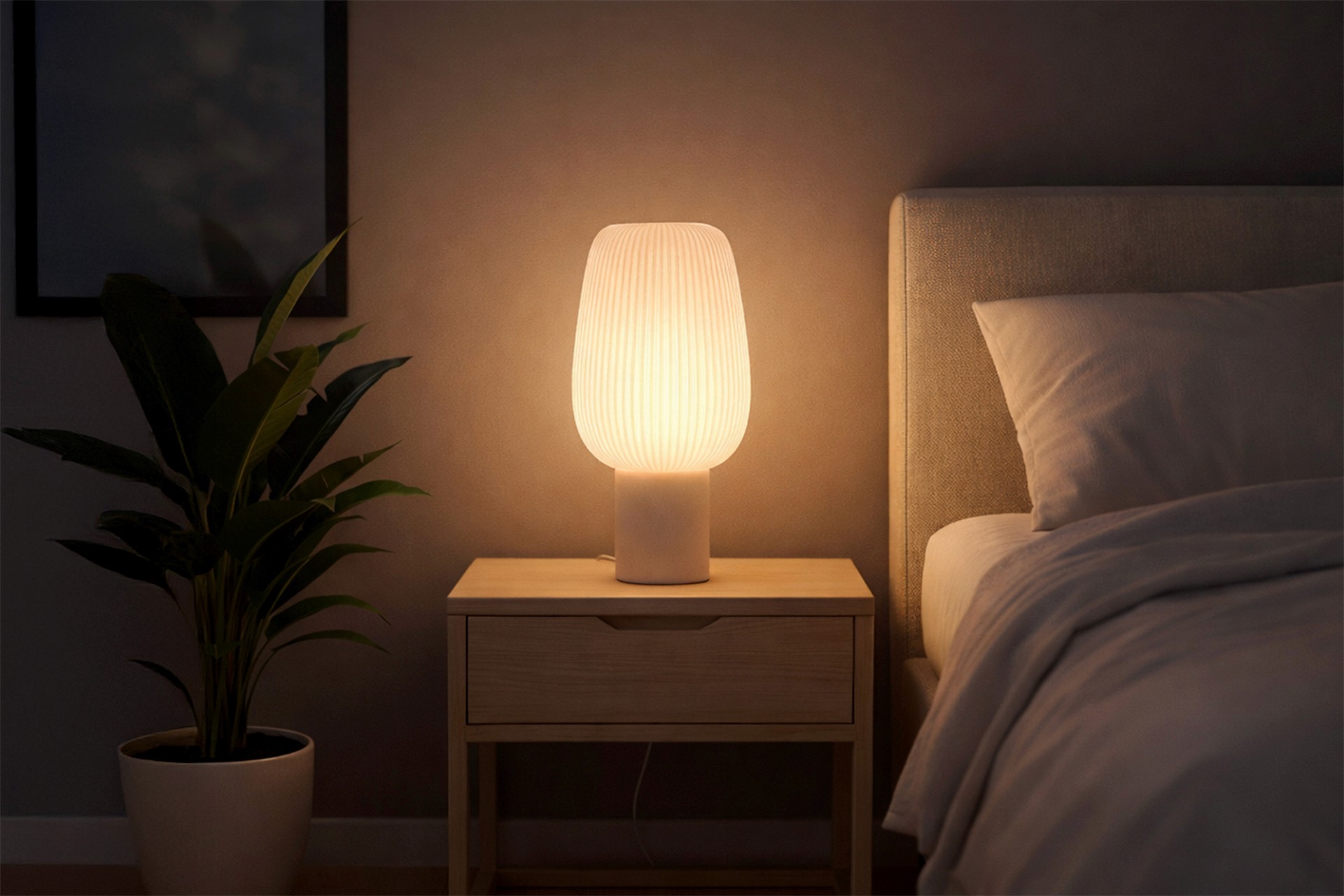 A warm, glowing table lamp with a ribbed glass shade sits on a light wood nightstand next to a bed. A potted plant stands to the left against a muted wall in a cozy, dim bedroom.