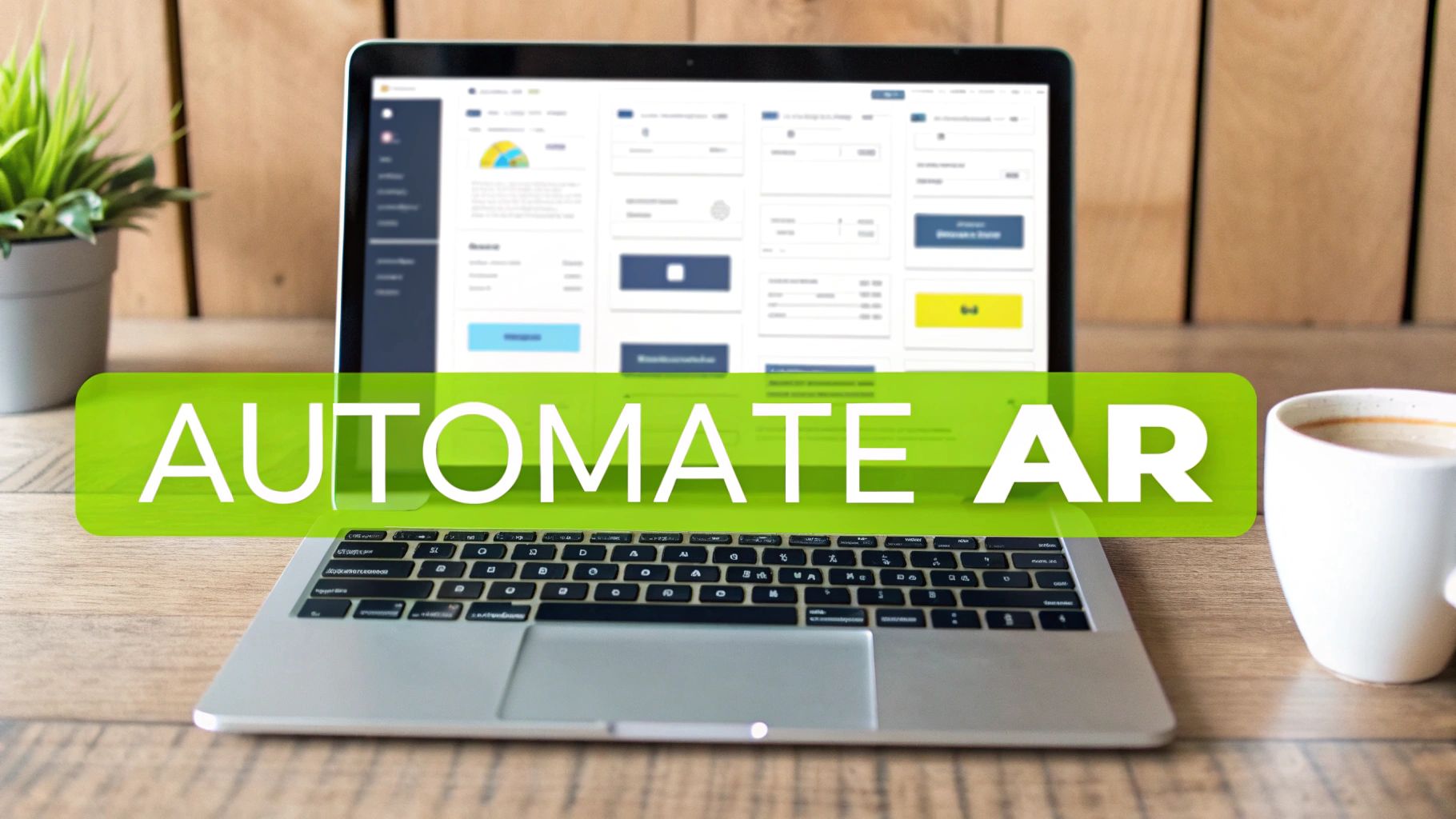 A laptop on a wooden desk displays a dashboard with 'AUTOMATE AR' text on a green banner.