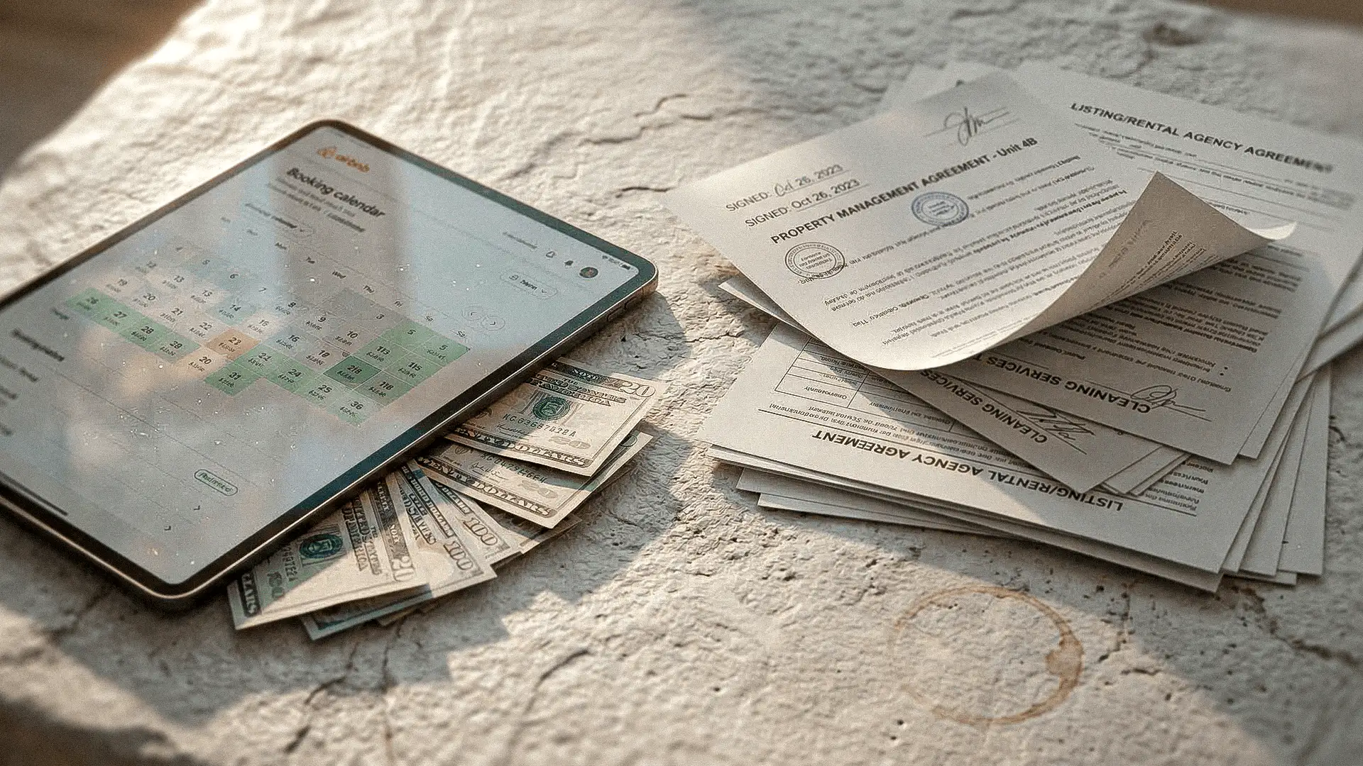 Gestión de alquileres inmobiliarios representada por contratos firmados, ingresos en efectivo y calendario de reservas digital.