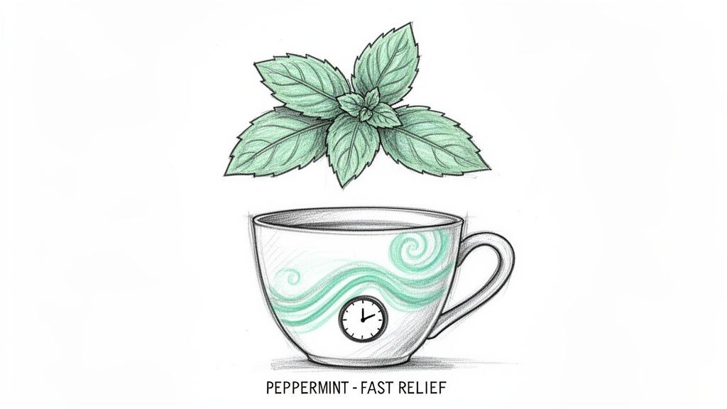 A drawing of fresh peppermint leaves above a teacup with a clock, labeled 'PEPPERMINT - FAST RELIEF'.