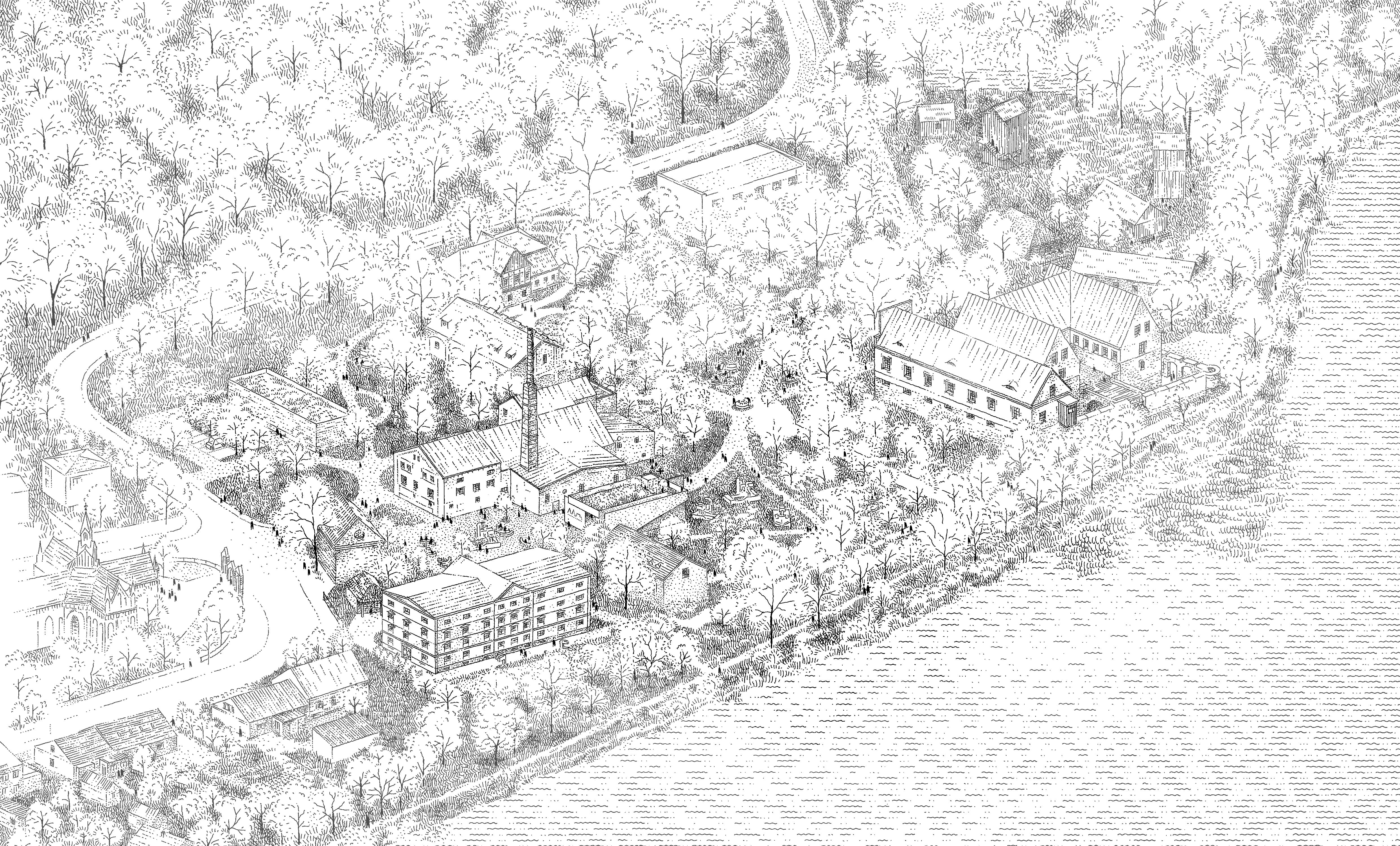 A detailed, sketched landscape featuring trees and a winding pathway. The lines are intricate and stylized.