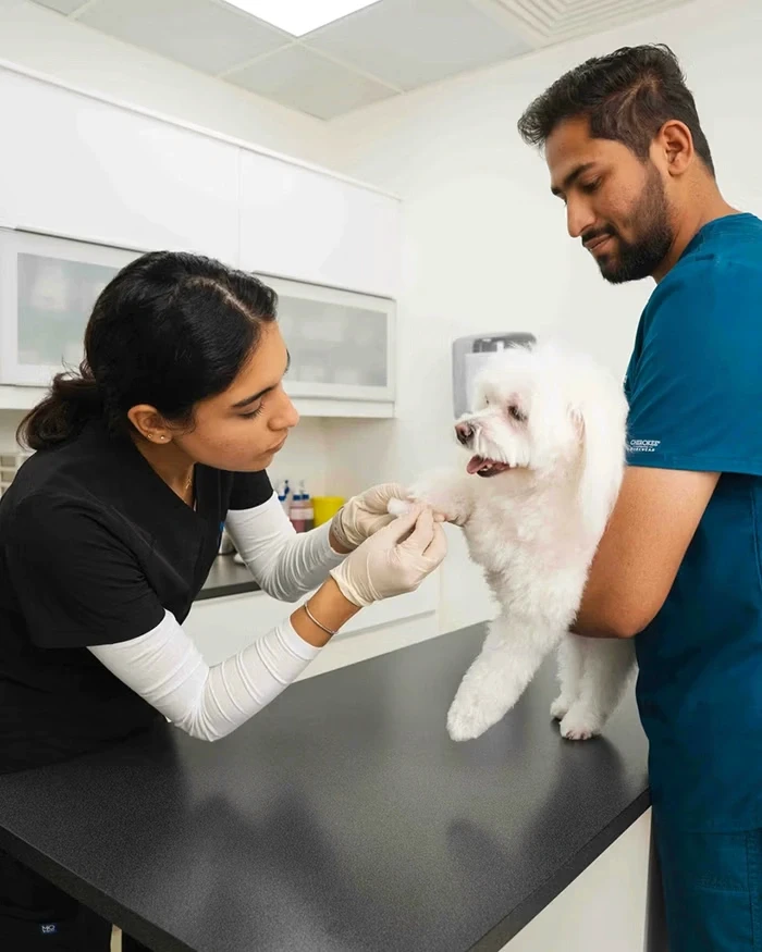 A white dog is receiving care and treatment provided by two vets.
