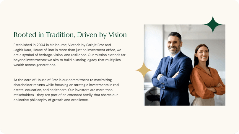 About Us section from House of Brar’s website, designed by One Craft, highlighting the company’s heritage, resilience, and long-term investment philosophy with a business leadership photo