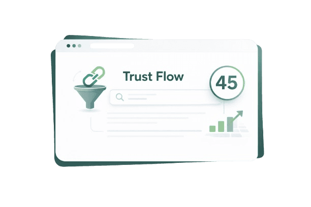 Illustration of Majestic Trust Flow showing a website dashboard with trust score, backlinks, and authority signals inside a floating card.