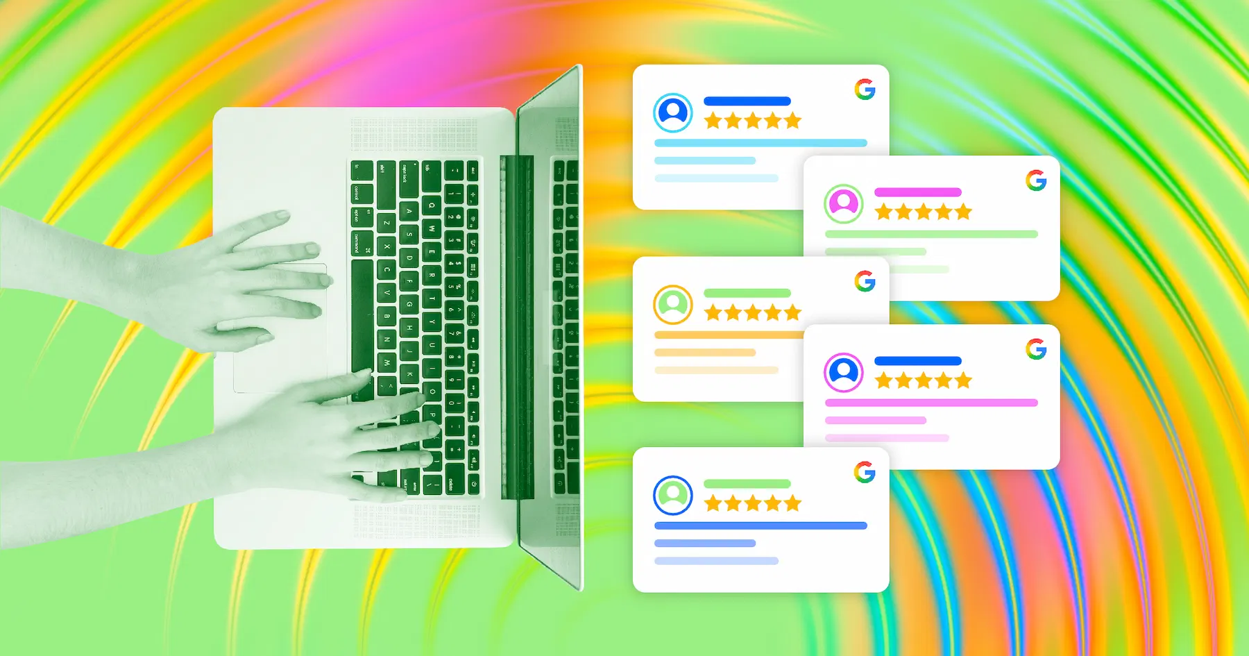 A person typing on a laptop, with Google Reviews surrounding the screen.